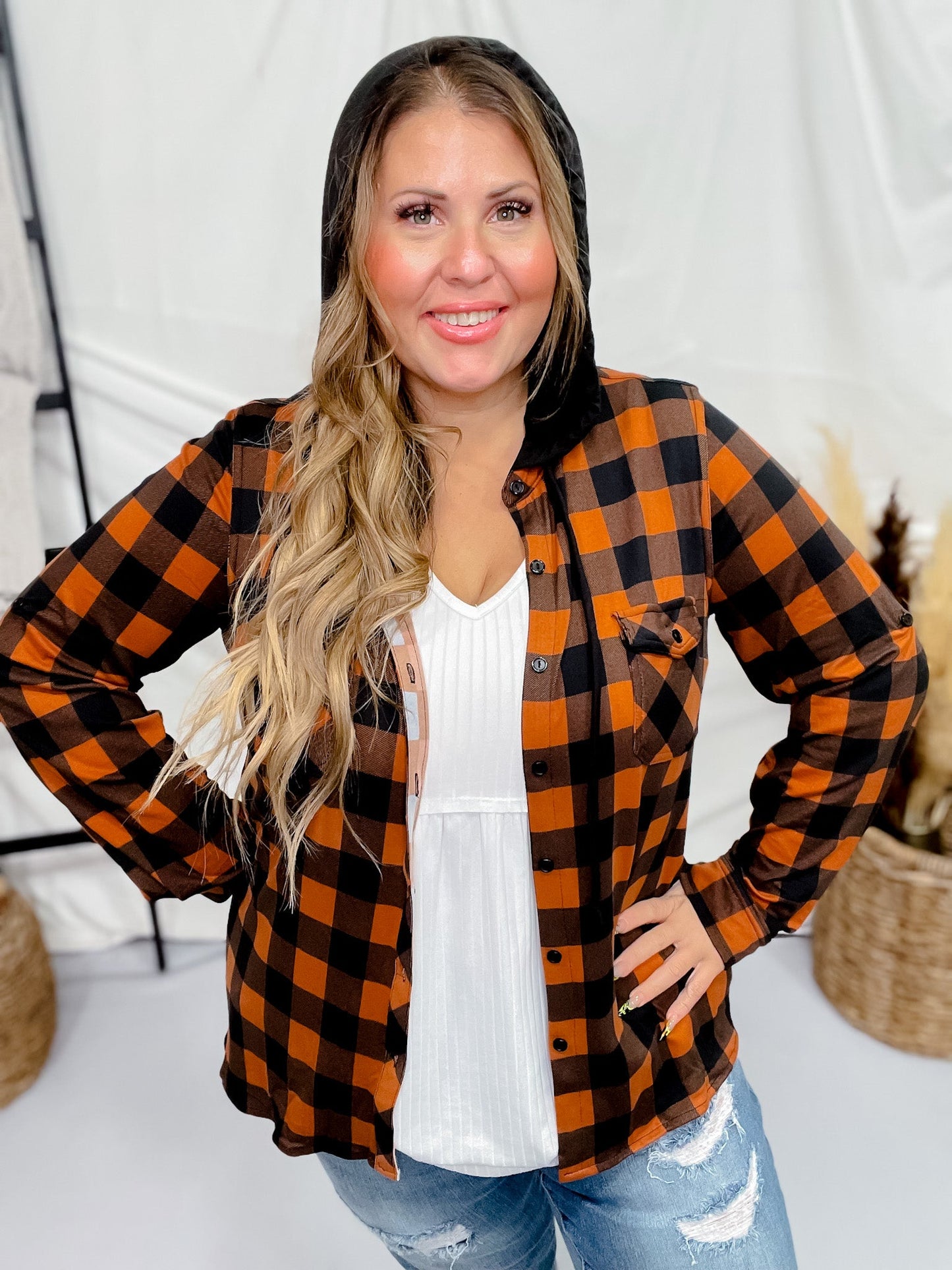 Rust and Black Plaid Button Up with Black Contrasting Hoodie - Whiskey Skies - DNA COUTURE