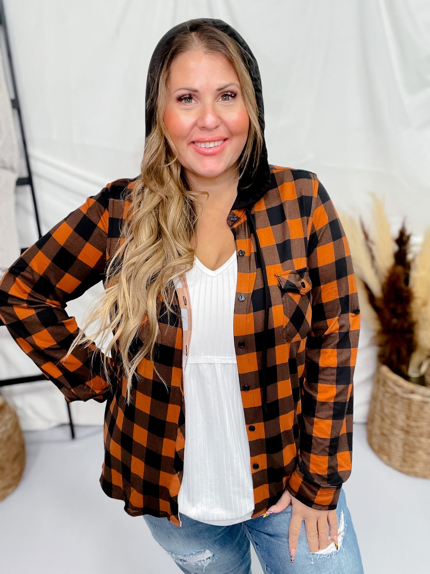 Rust and Black Plaid Button Up with Black Contrasting Hoodie - Whiskey Skies - DNA COUTURE