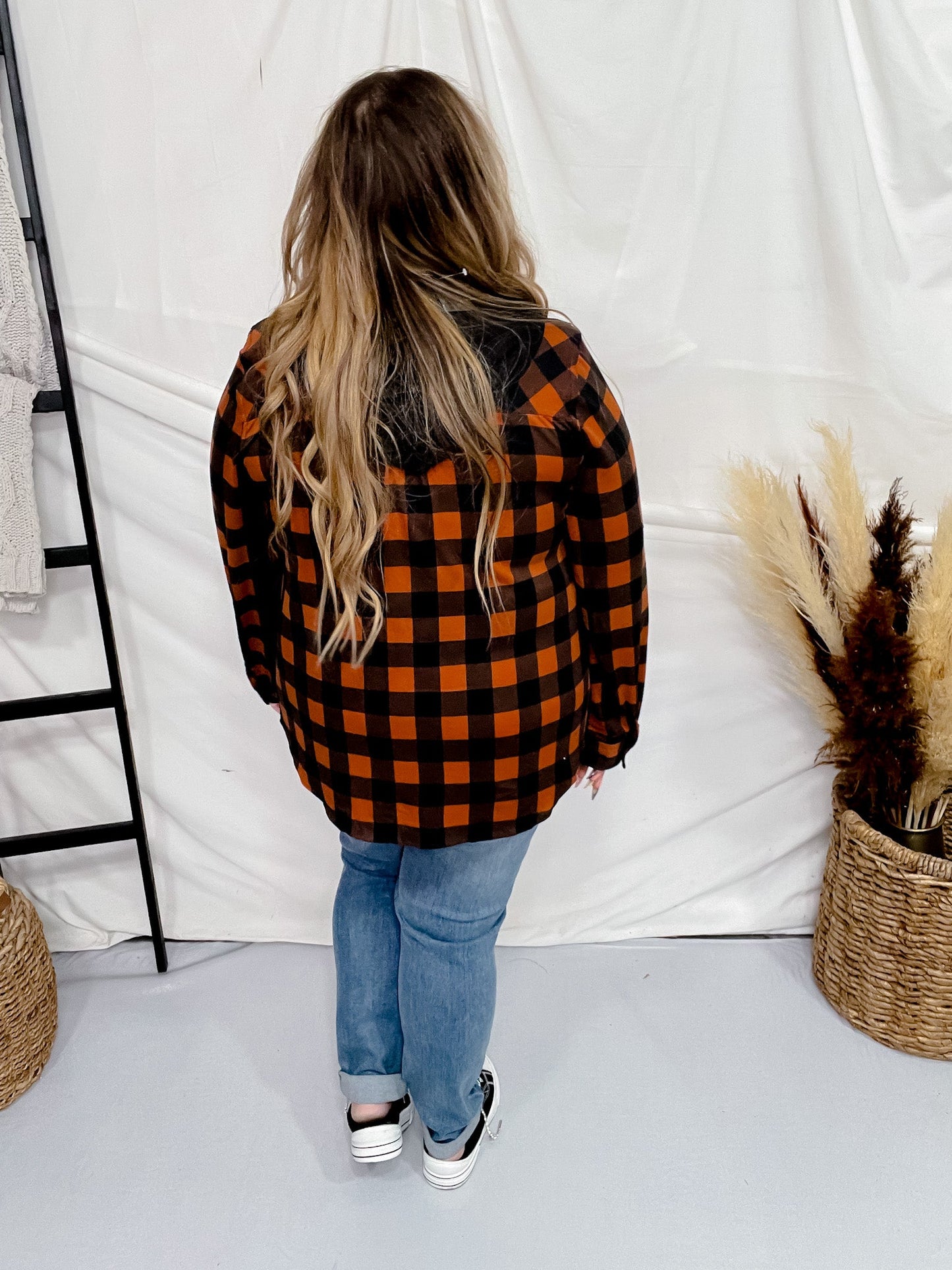 Rust and Black Plaid Button Up with Black Contrasting Hoodie - Whiskey Skies - DNA COUTURE