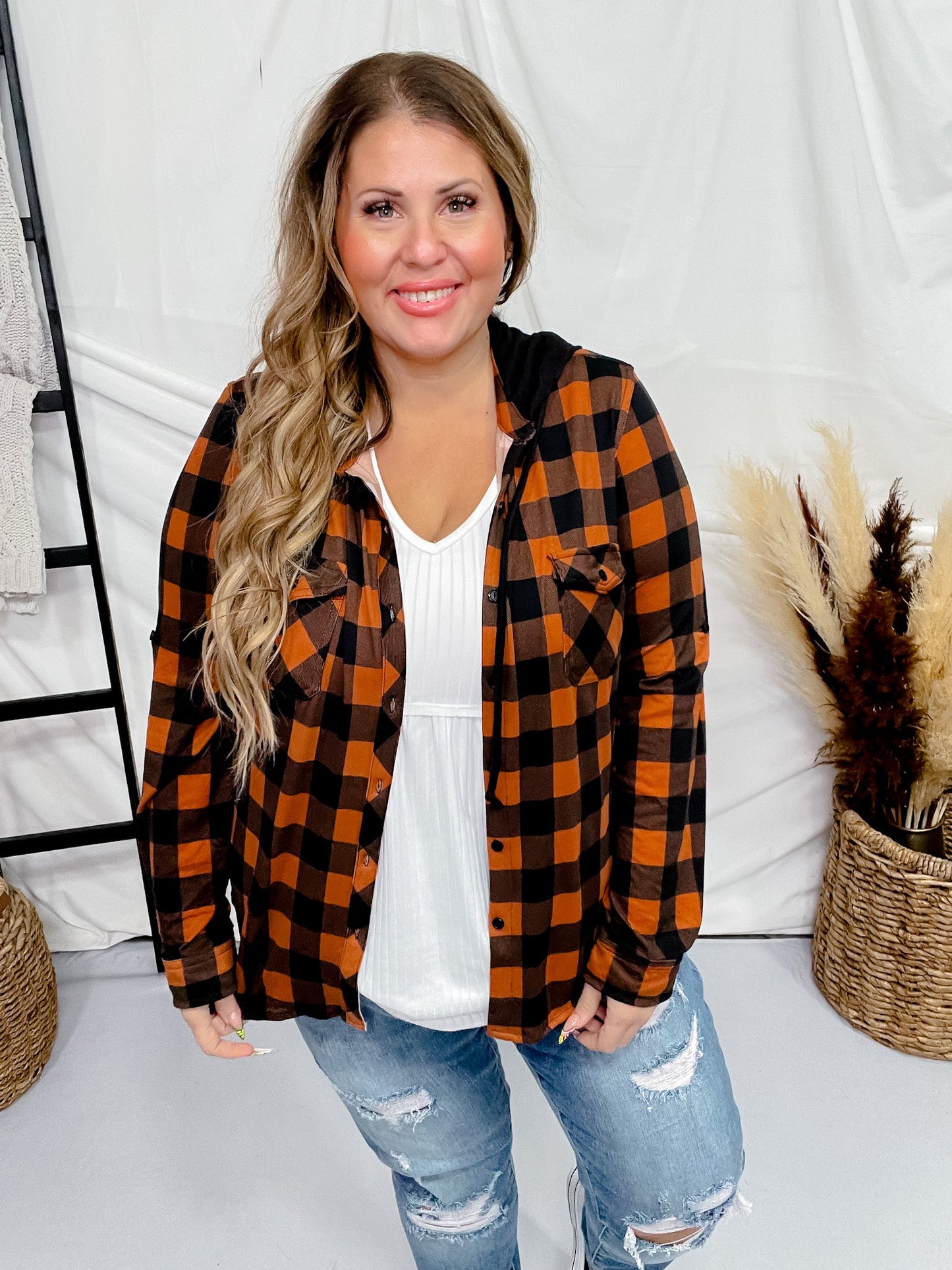 Rust and Black Plaid Button Up with Black Contrasting Hoodie - Whiskey Skies - DNA COUTURE