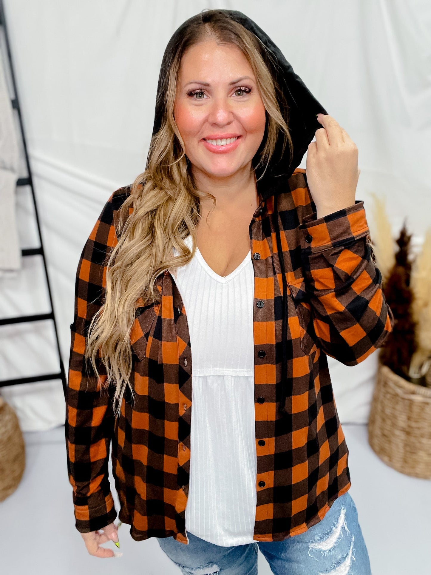 Rust and Black Plaid Button Up with Black Contrasting Hoodie - Whiskey Skies - DNA COUTURE