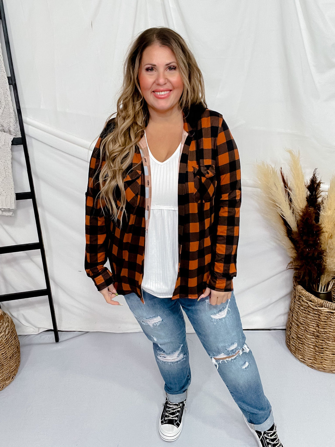 Rust and Black Plaid Button Up with Black Contrasting Hoodie - Whiskey Skies - DNA COUTURE