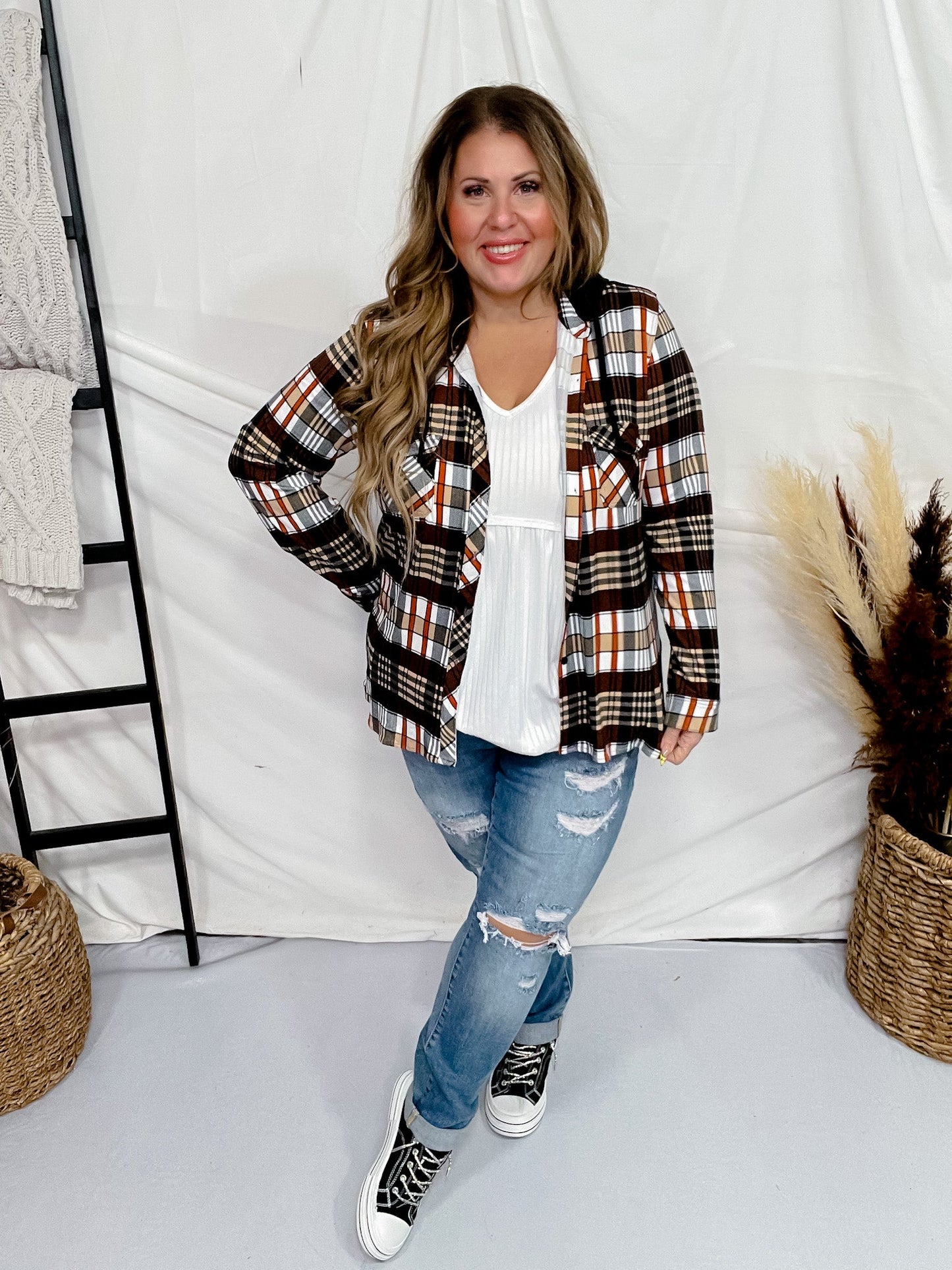 Rust and Taupe Plaid Hooded Button Down Top - Whiskey Skies - DNA COUTURE