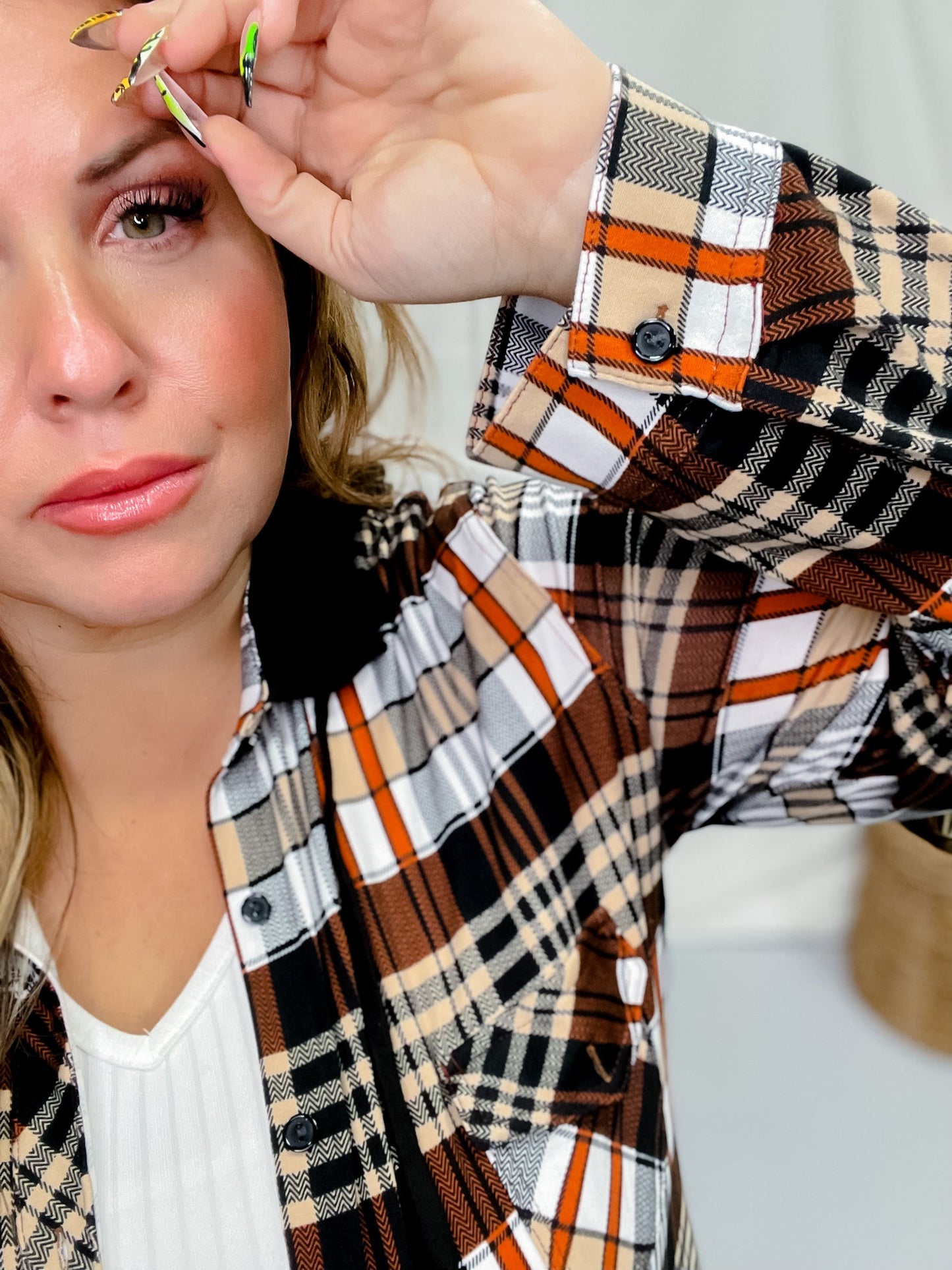 Rust and Taupe Plaid Hooded Button Down Top - Whiskey Skies - DNA COUTURE