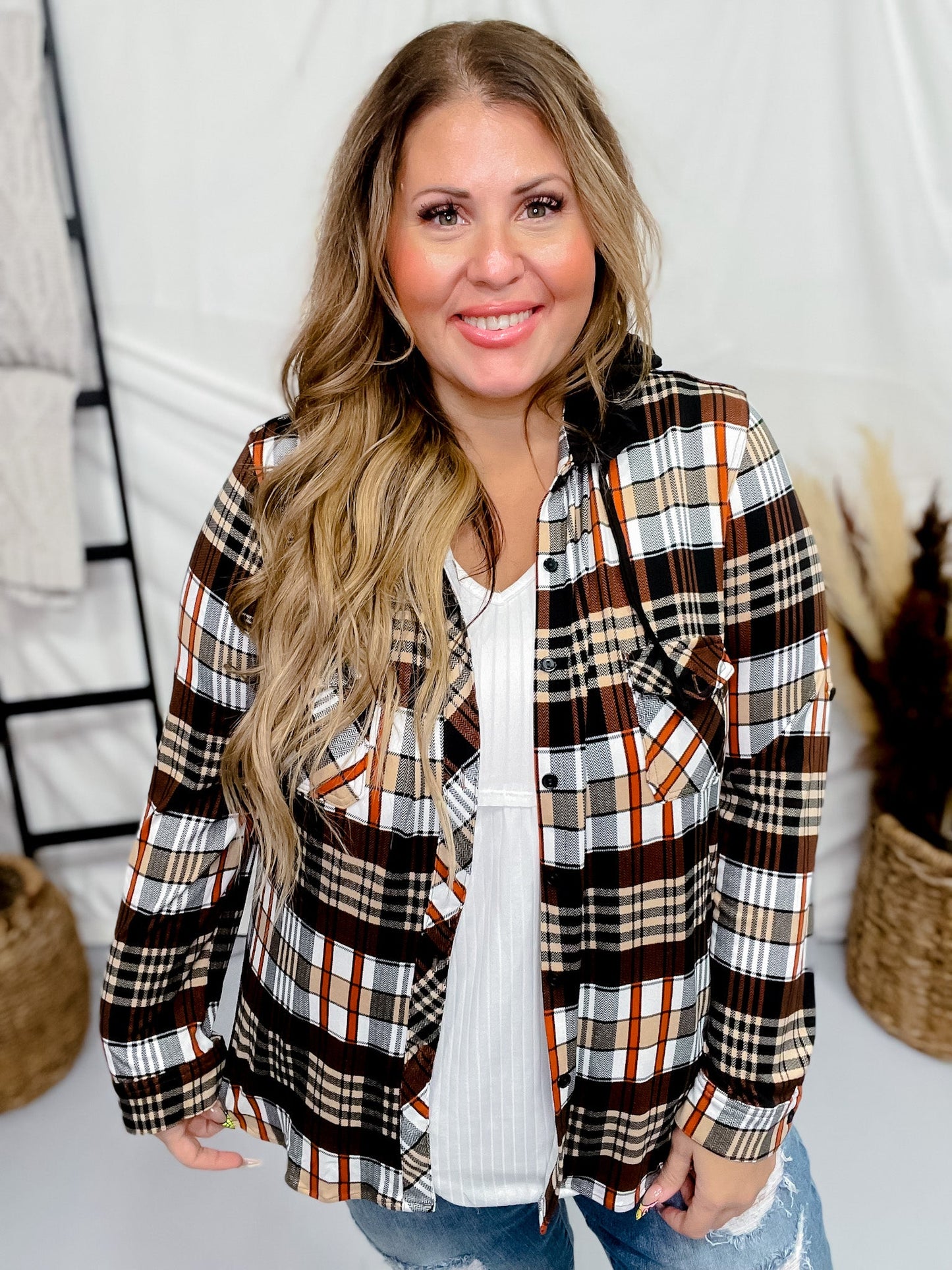 Rust and Taupe Plaid Hooded Button Down Top - Whiskey Skies - DNA COUTURE