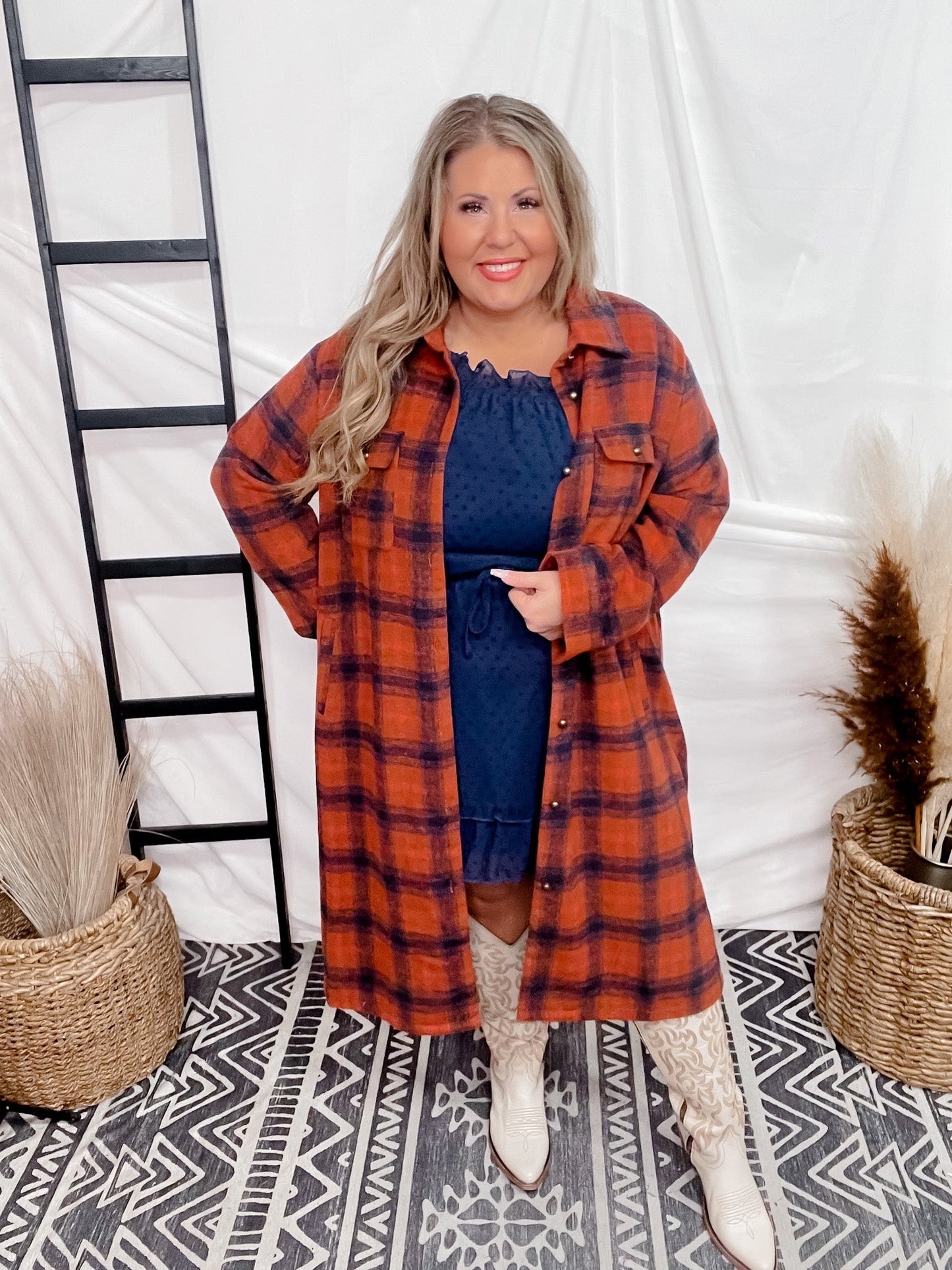 Rust & Black Plaid Long Coat - Whiskey Skies - ANDREE BY UNIT