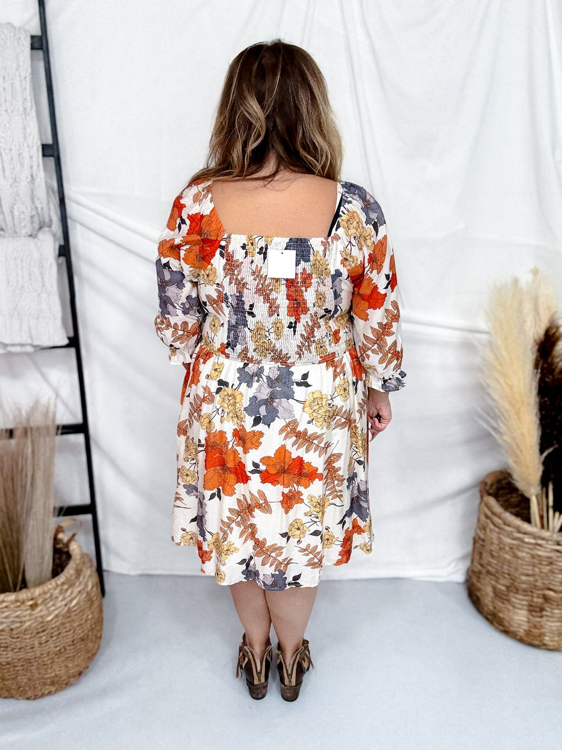 Rust & Blue Floral Print Square Neck Midi Dress - Whiskey Skies - HAYDEN