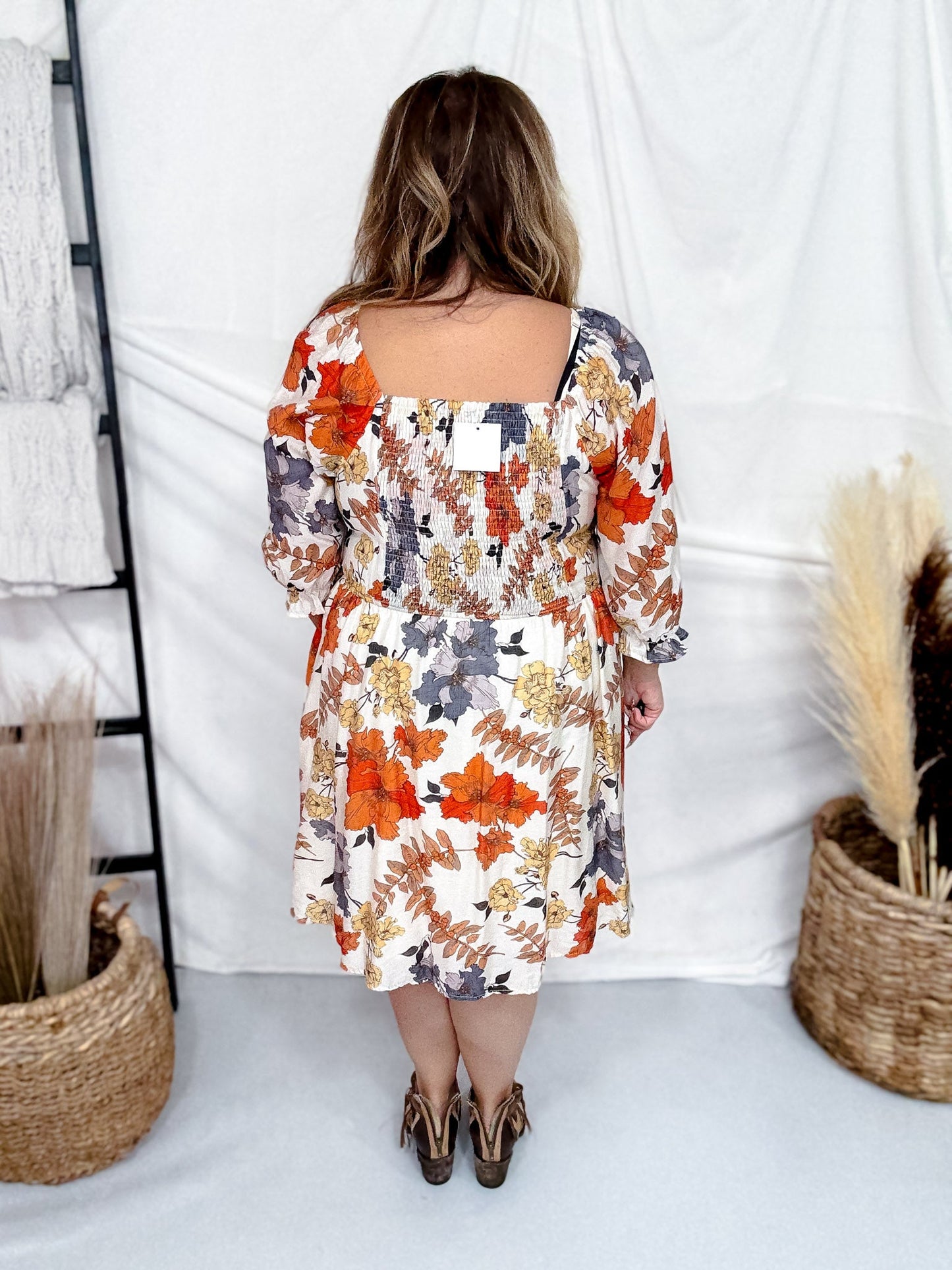 Rust & Blue Floral Print Square Neck Midi Dress - Whiskey Skies - HAYDEN