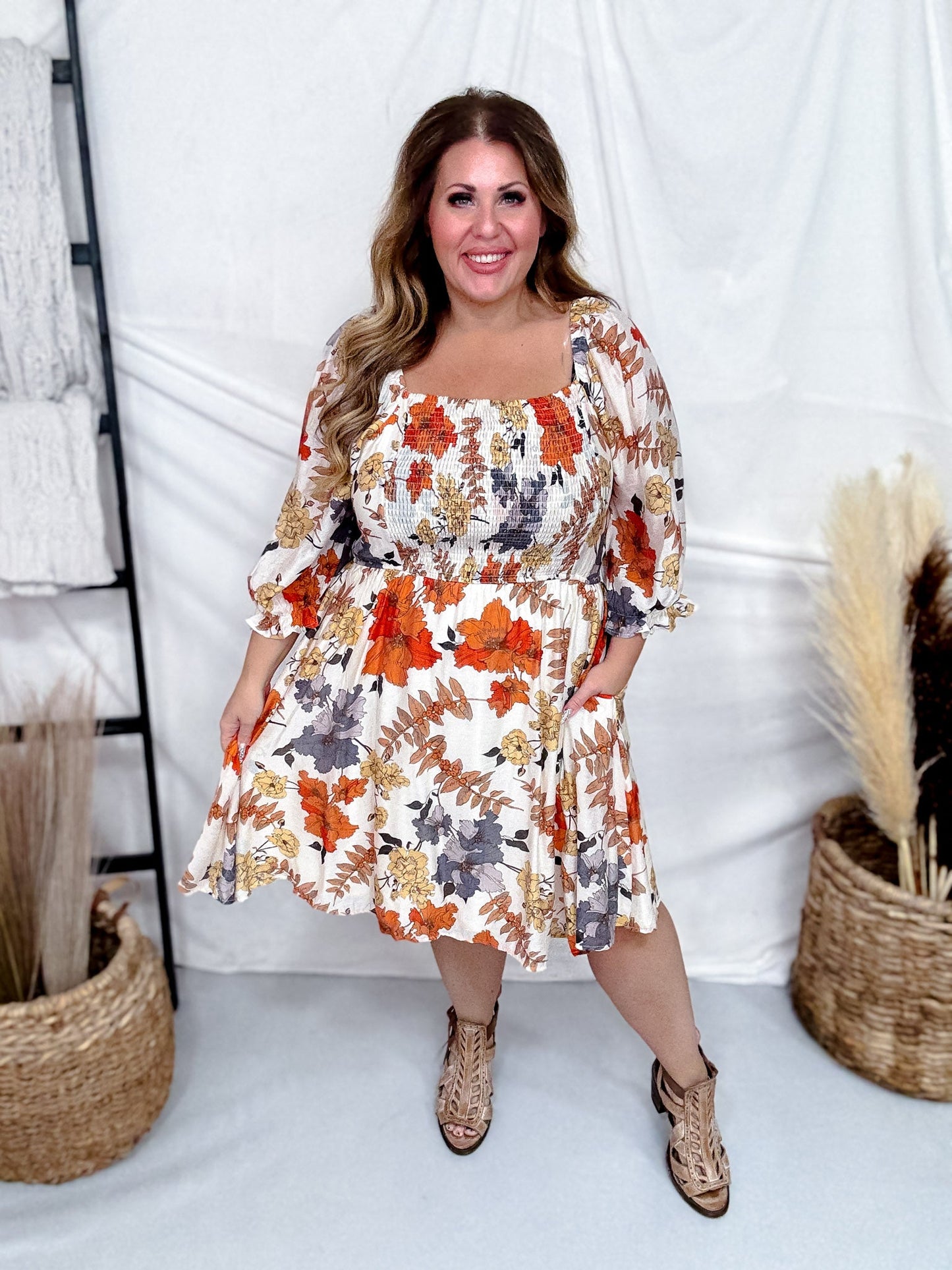 Rust & Blue Floral Print Square Neck Midi Dress - Whiskey Skies - HAYDEN