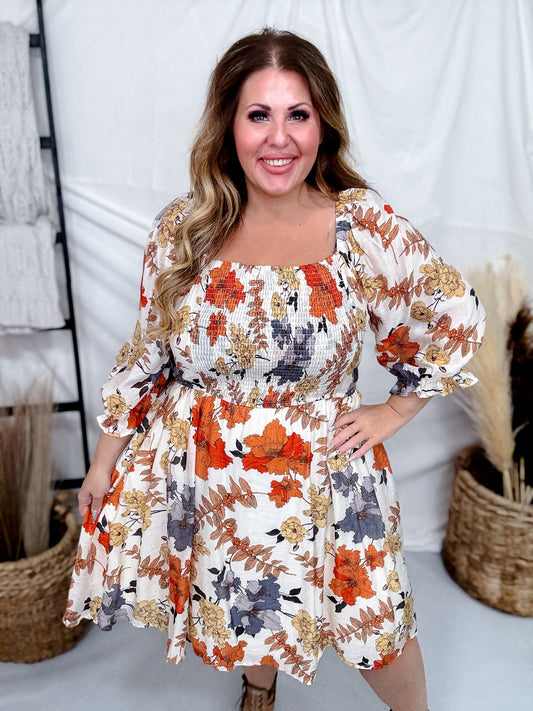 Rust & Blue Floral Print Square Neck Midi Dress - Whiskey Skies - HAYDEN