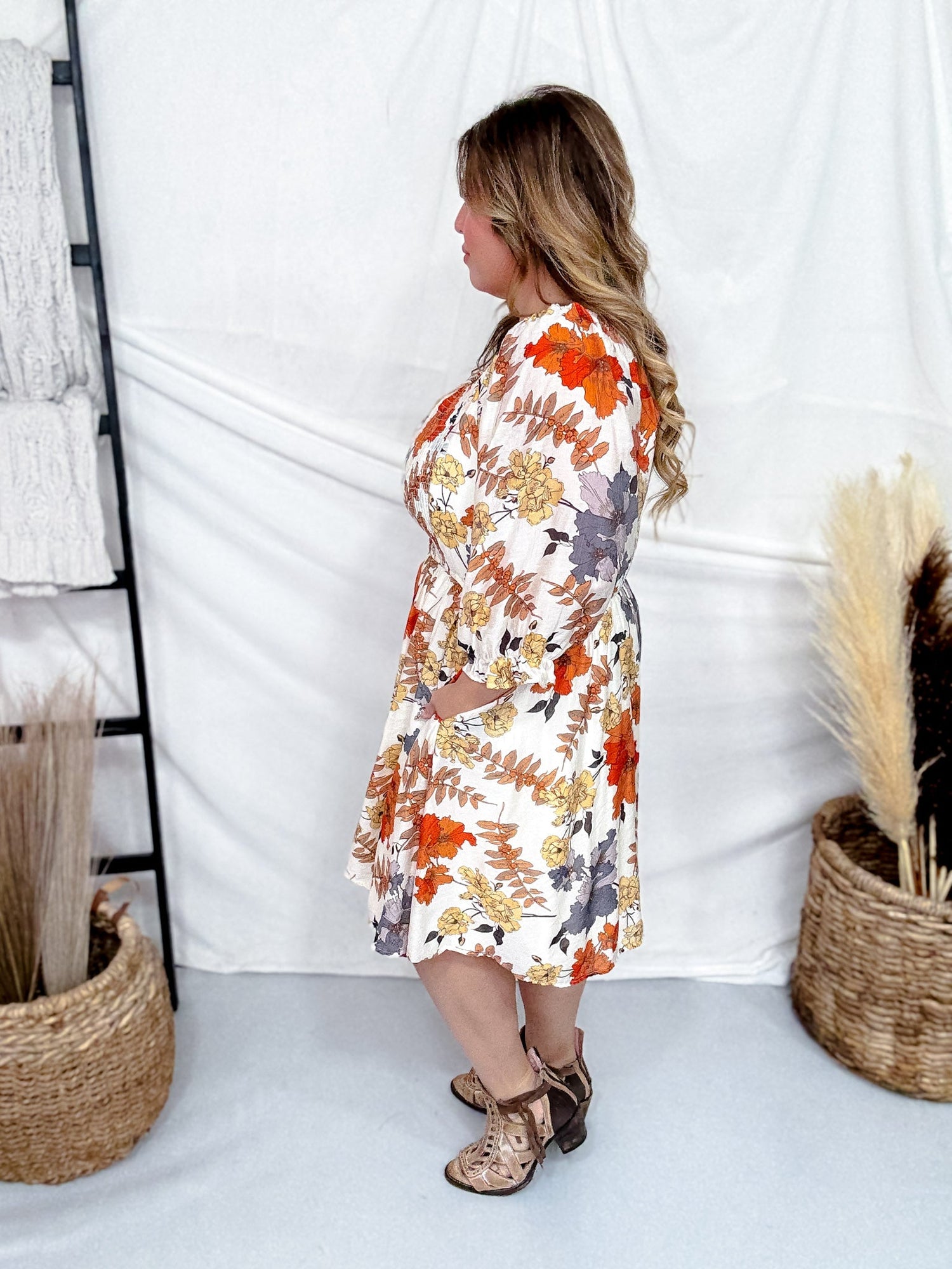 Rust & Blue Floral Print Square Neck Midi Dress Final Sale Rust & Blue Floral Print Square Neck Midi Dress Final Sale