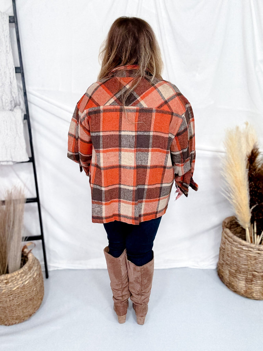 Rust Cozy Plaid Button Down Flannel Shacket - Whiskey Skies - SWEET GENERIS