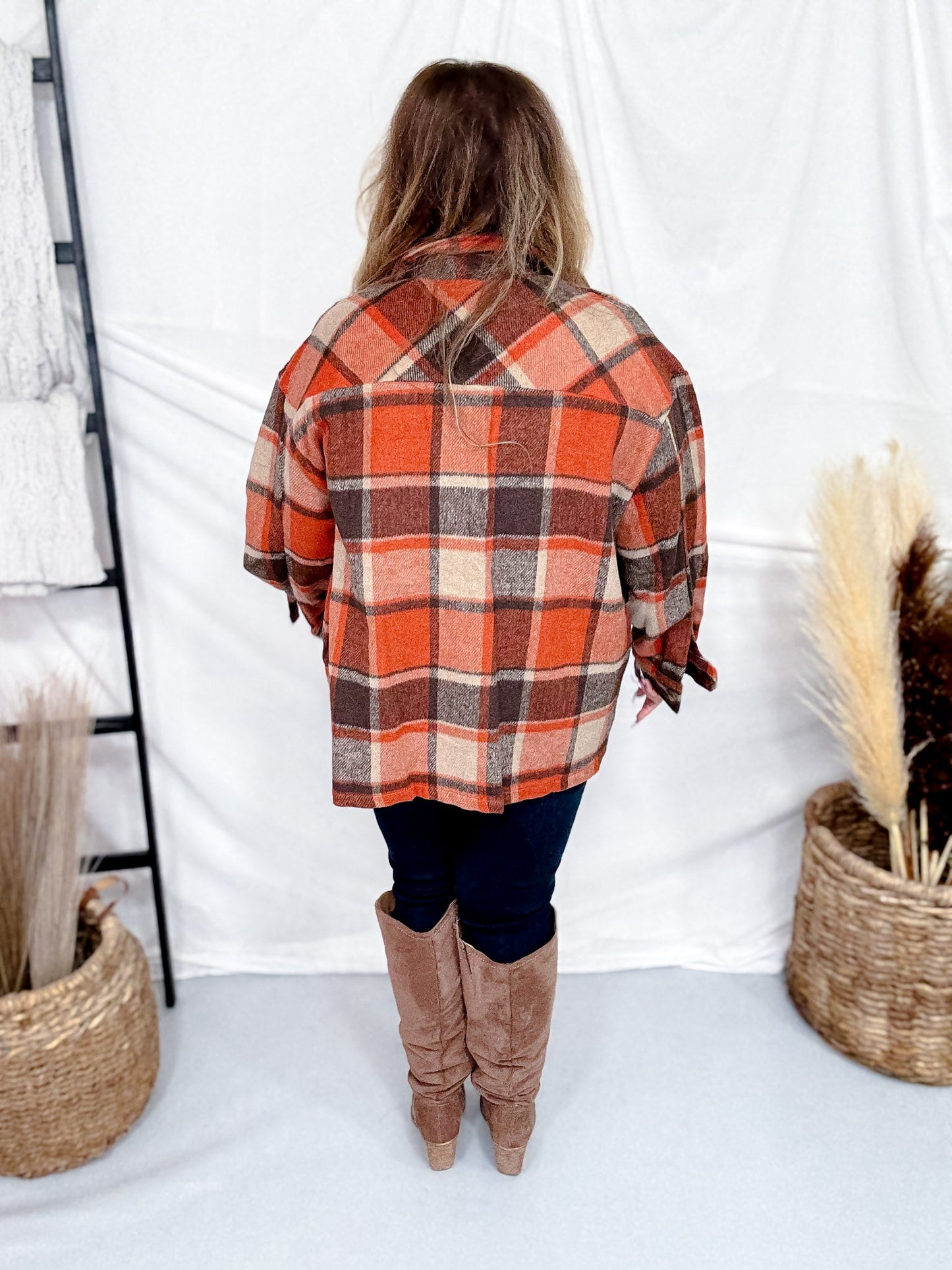 Rust Cozy Plaid Button Down Flannel Shacket - Whiskey Skies - SWEET GENERIS