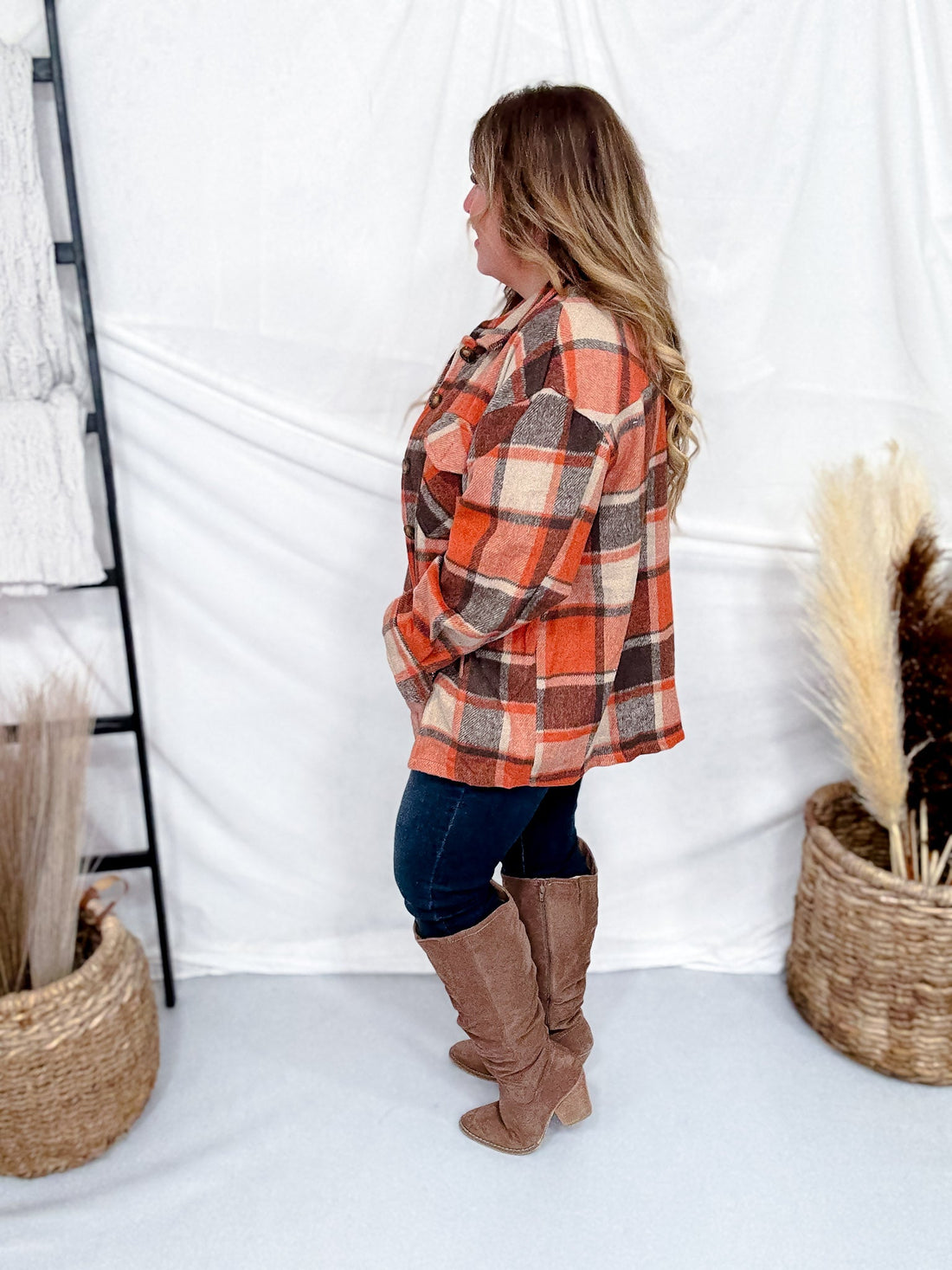 Rust Cozy Plaid Button Down Flannel Shacket - Whiskey Skies - SWEET GENERIS