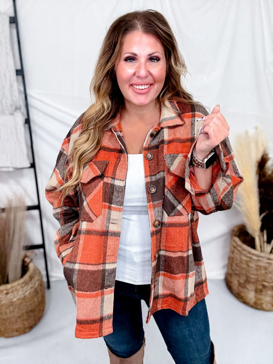 Rust Cozy Plaid Button Down Flannel Shacket - Whiskey Skies - SWEET GENERIS