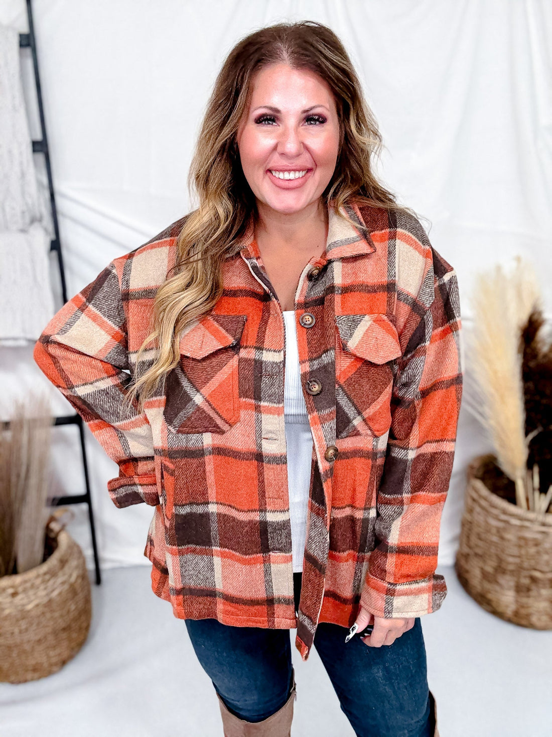 Rust Cozy Plaid Button Down Flannel Shacket - Whiskey Skies - SWEET GENERIS