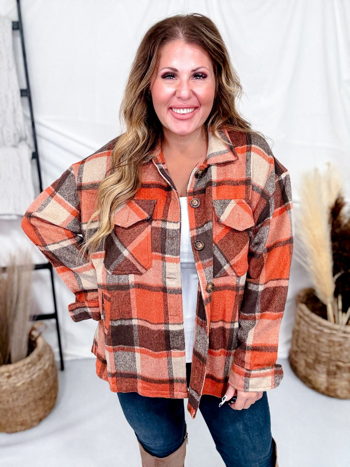Rust Cozy Plaid Button Down Flannel Shacket - Whiskey Skies - SWEET GENERIS