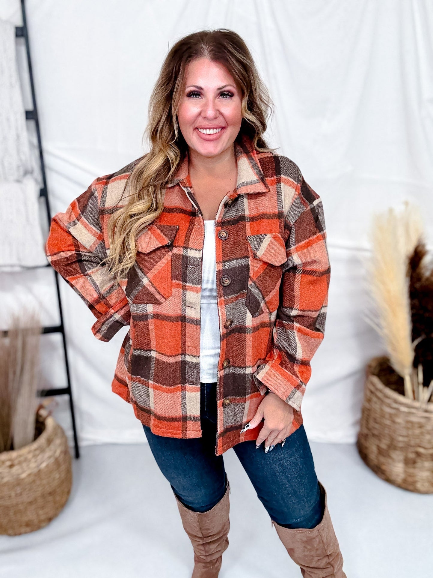 Rust Cozy Plaid Button Down Flannel Shacket - Whiskey Skies - SWEET GENERIS