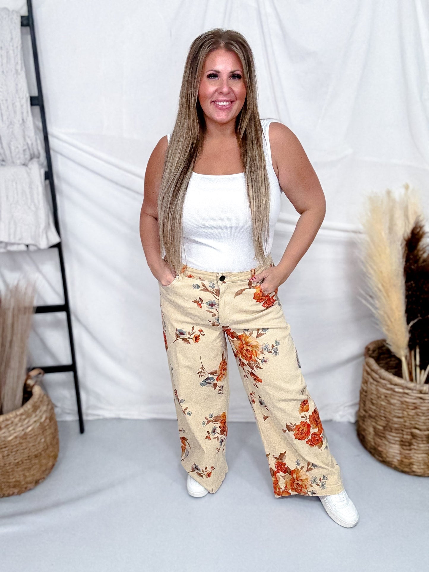 Rust Floral Print High Waist Wide Leg Khaki Pants - Whiskey Skies - EASEL