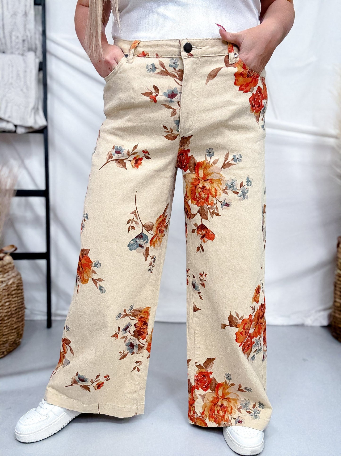 Rust Floral Print High Waist Wide Leg Khaki Pants - Whiskey Skies - EASEL