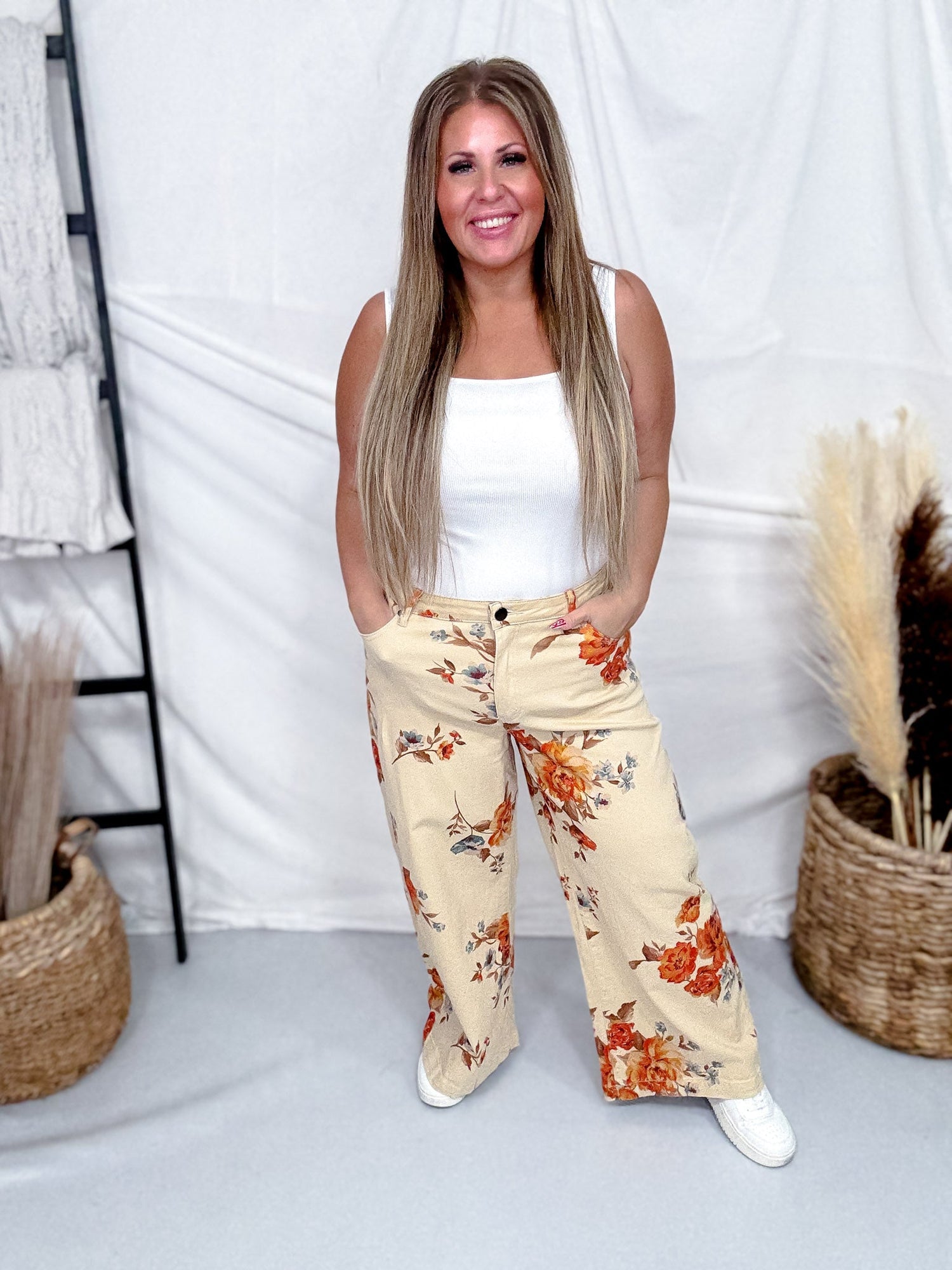 Rust Floral Print High Waist Wide Leg Khaki Pants - Whiskey Skies MEDIUM Rust Floral Print High Waist Wide Leg Khaki Pants - Whiskey Skies MEDIUM