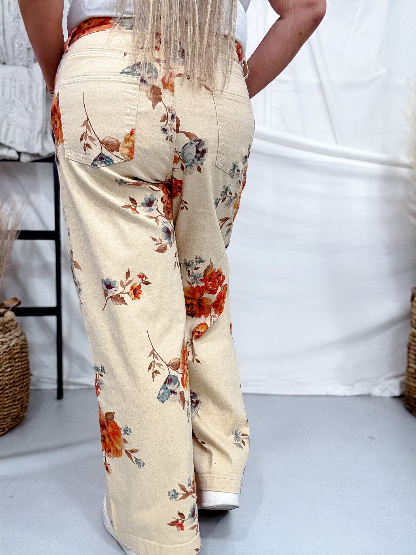 Rust Floral Print High Waist Wide Leg Khaki Pants - Whiskey Skies - EASEL