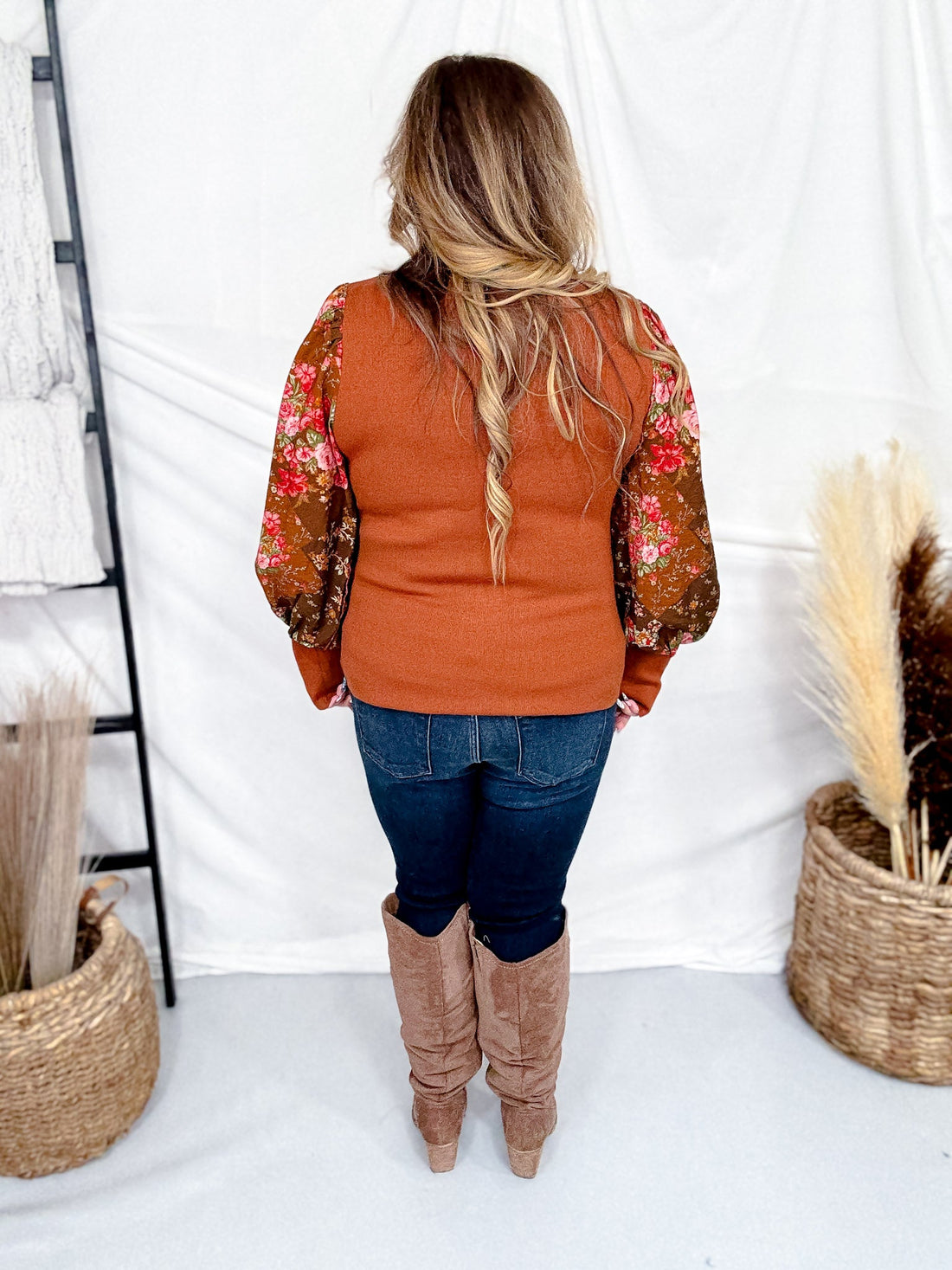 Rust Knit Top With Scalloped Neckline & Floral Balloon Sleeves - Whiskey Skies - ODDI