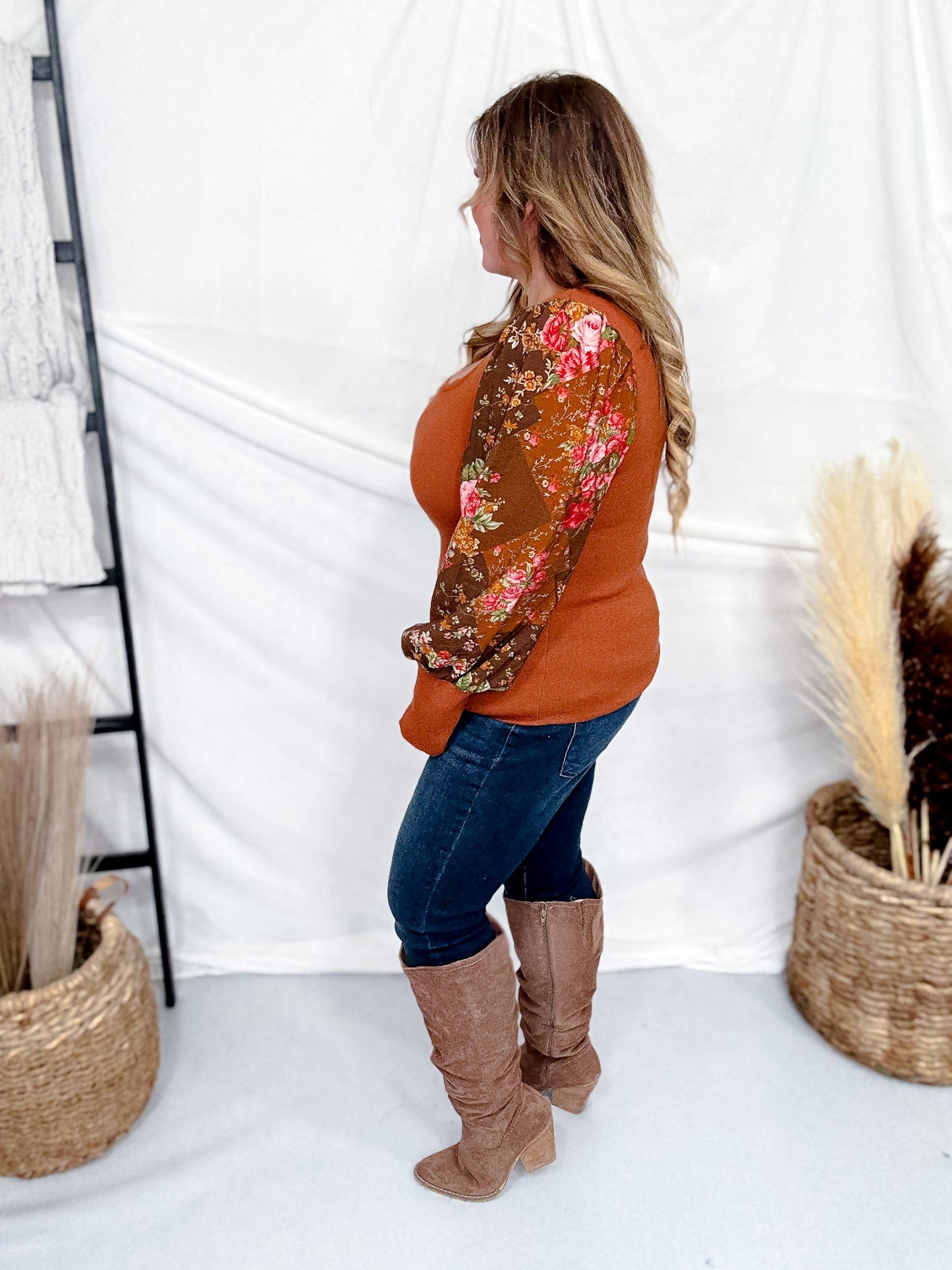 Rust Knit Top With Scalloped Neckline & Floral Balloon Sleeves - Whiskey Skies - ODDI