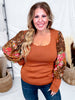 Rust Knit Top With Scalloped Neckline & Floral Balloon Sleeves - Whiskey Skies - ODDI