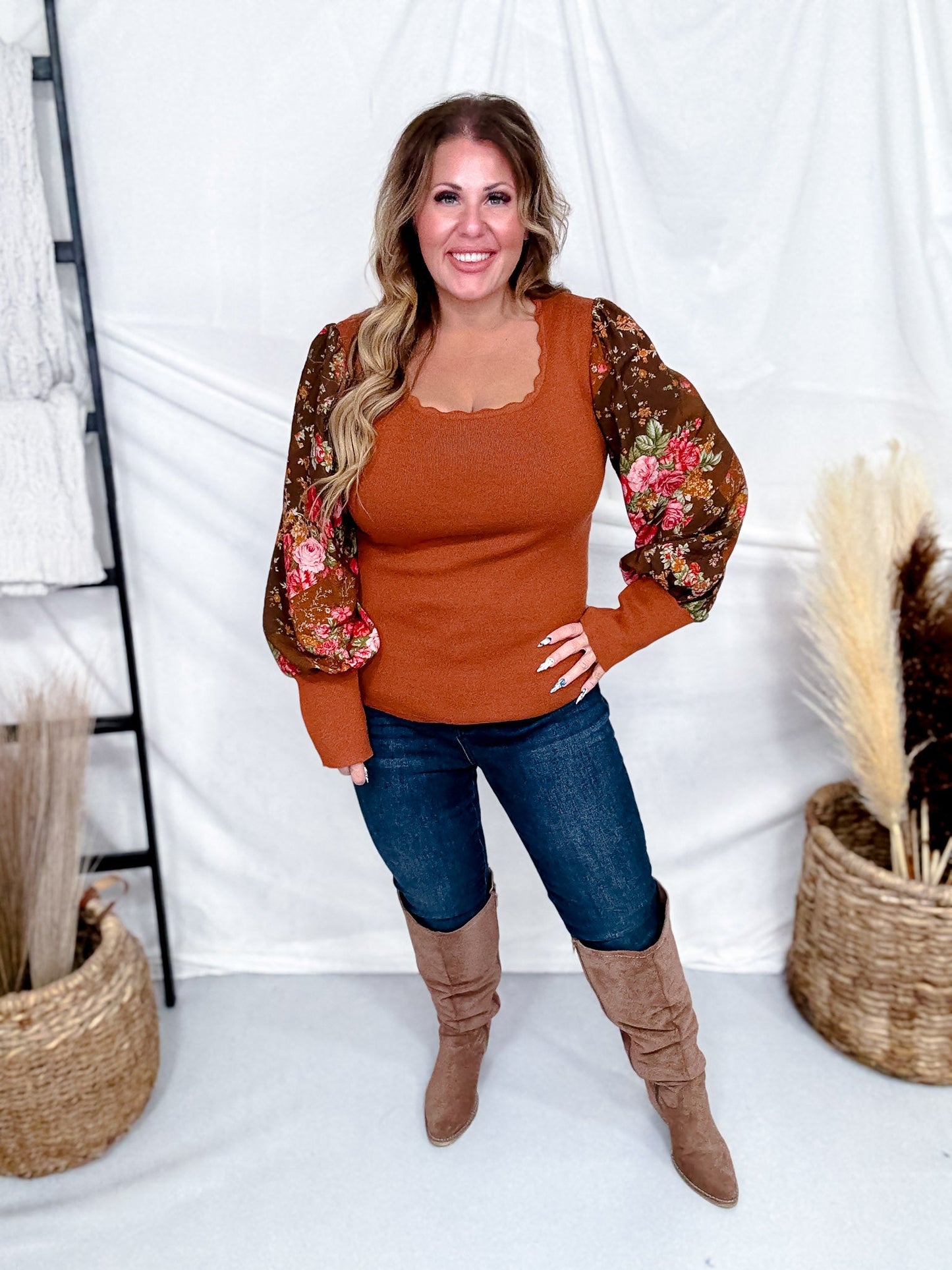 Rust Knit Top With Scalloped Neckline & Floral Balloon Sleeves - Whiskey Skies - ODDI