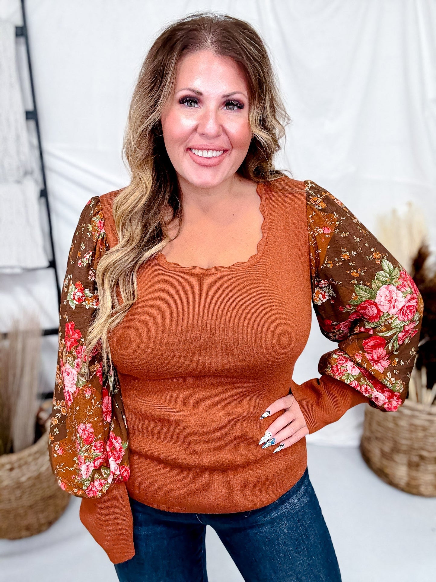 Rust Knit Top With Scalloped Neckline & Floral Balloon Sleeves - Whiskey Skies - ODDI