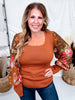 Rust Knit Top With Scalloped Neckline & Floral Balloon Sleeves - Whiskey Skies - ODDI