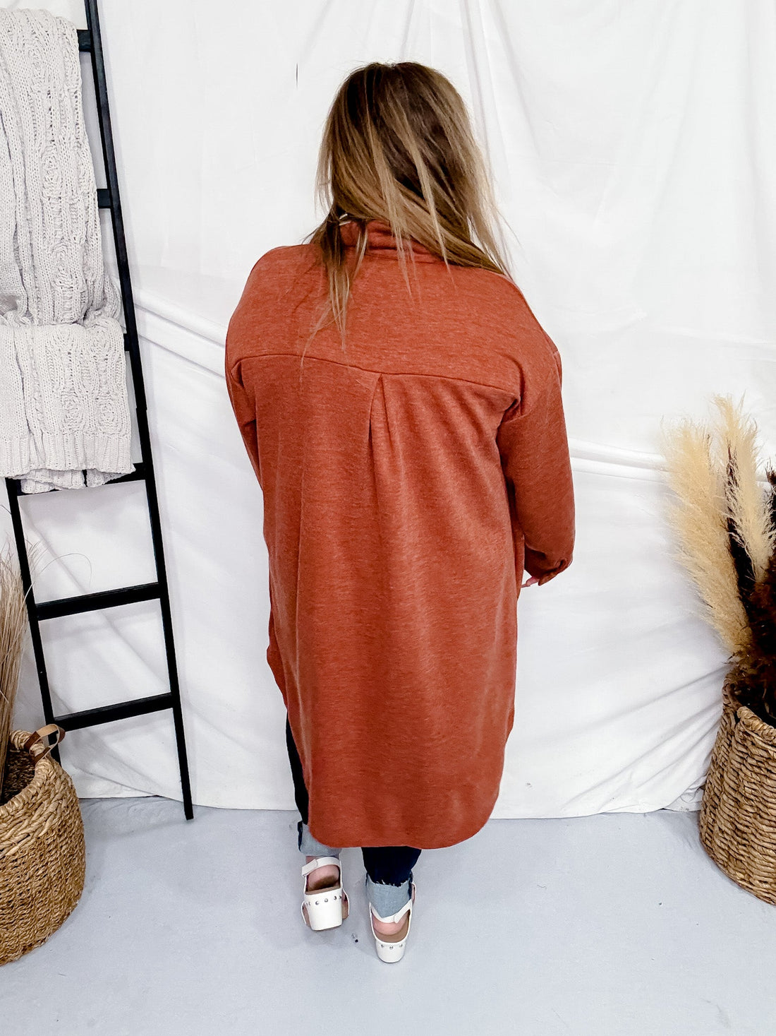 Rust Long Button Front Cardigan - Whiskey Skies - STYLIVE