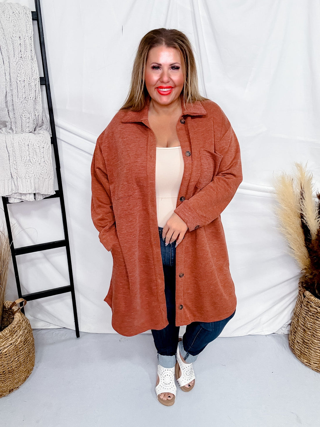 Rust Long Button Front Cardigan - Whiskey Skies - STYLIVE