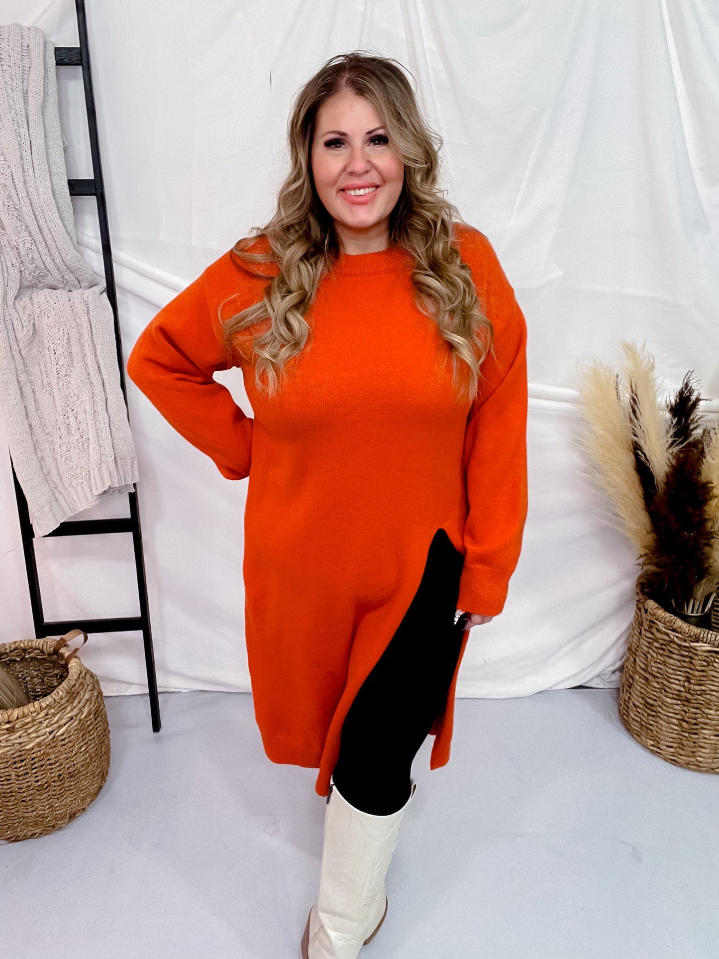 Rust Long Sleeve Asymmetric Split Knit Tunic - Whiskey Skies - DAVI & DANI