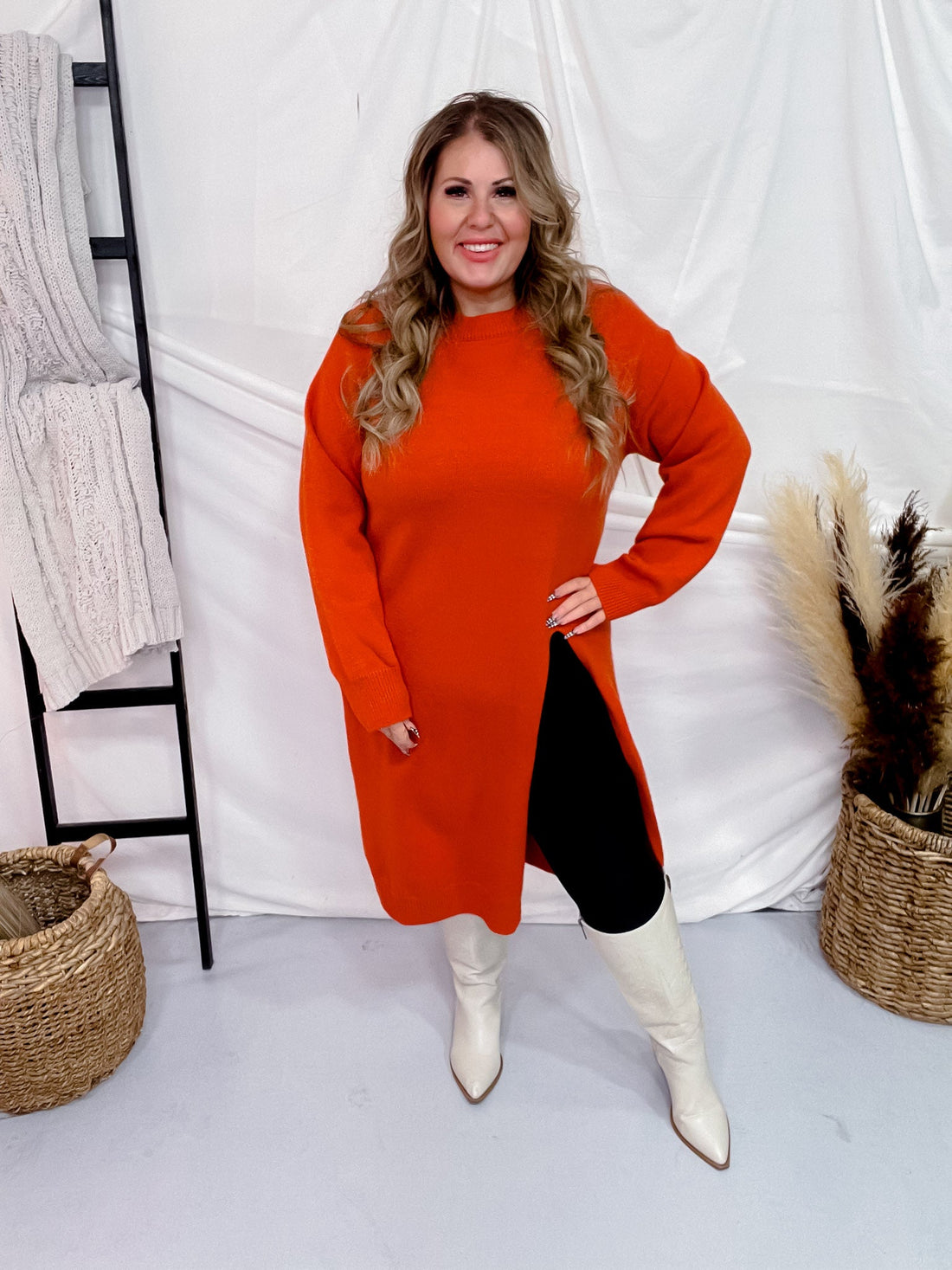 Rust Long Sleeve Asymmetric Split Knit Tunic - Whiskey Skies - DAVI & DANI