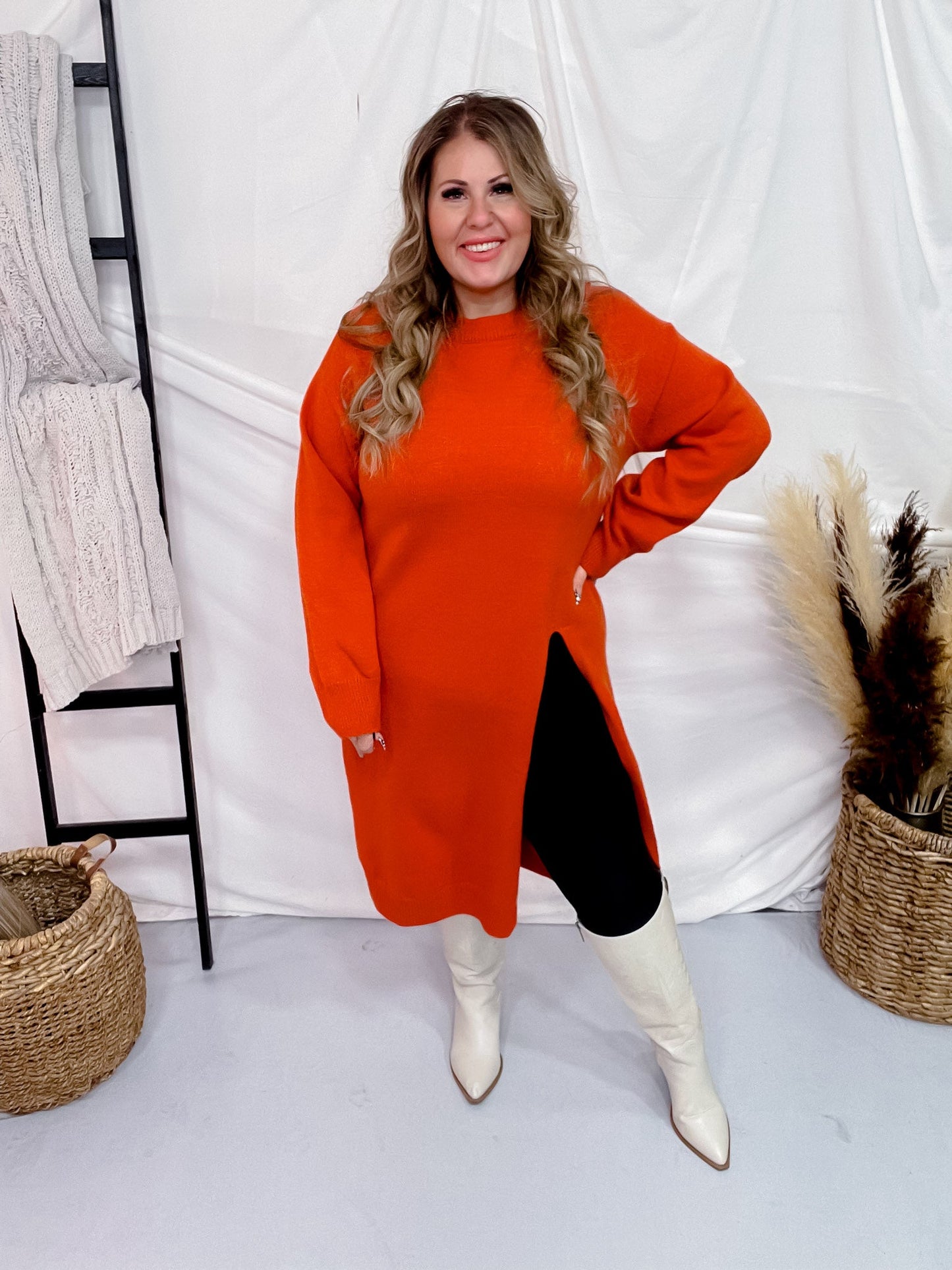 Rust Long Sleeve Asymmetric Split Knit Tunic - Whiskey Skies - DAVI & DANI