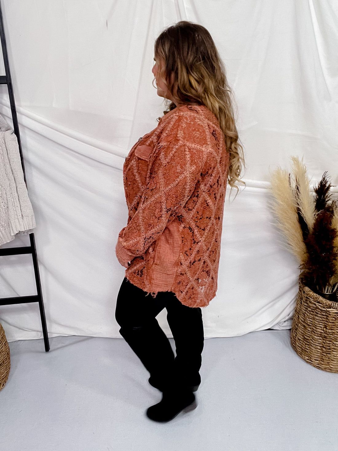 Rust Long Sleeve Lace Button Front Top - Whiskey Skies - OLI & HALI