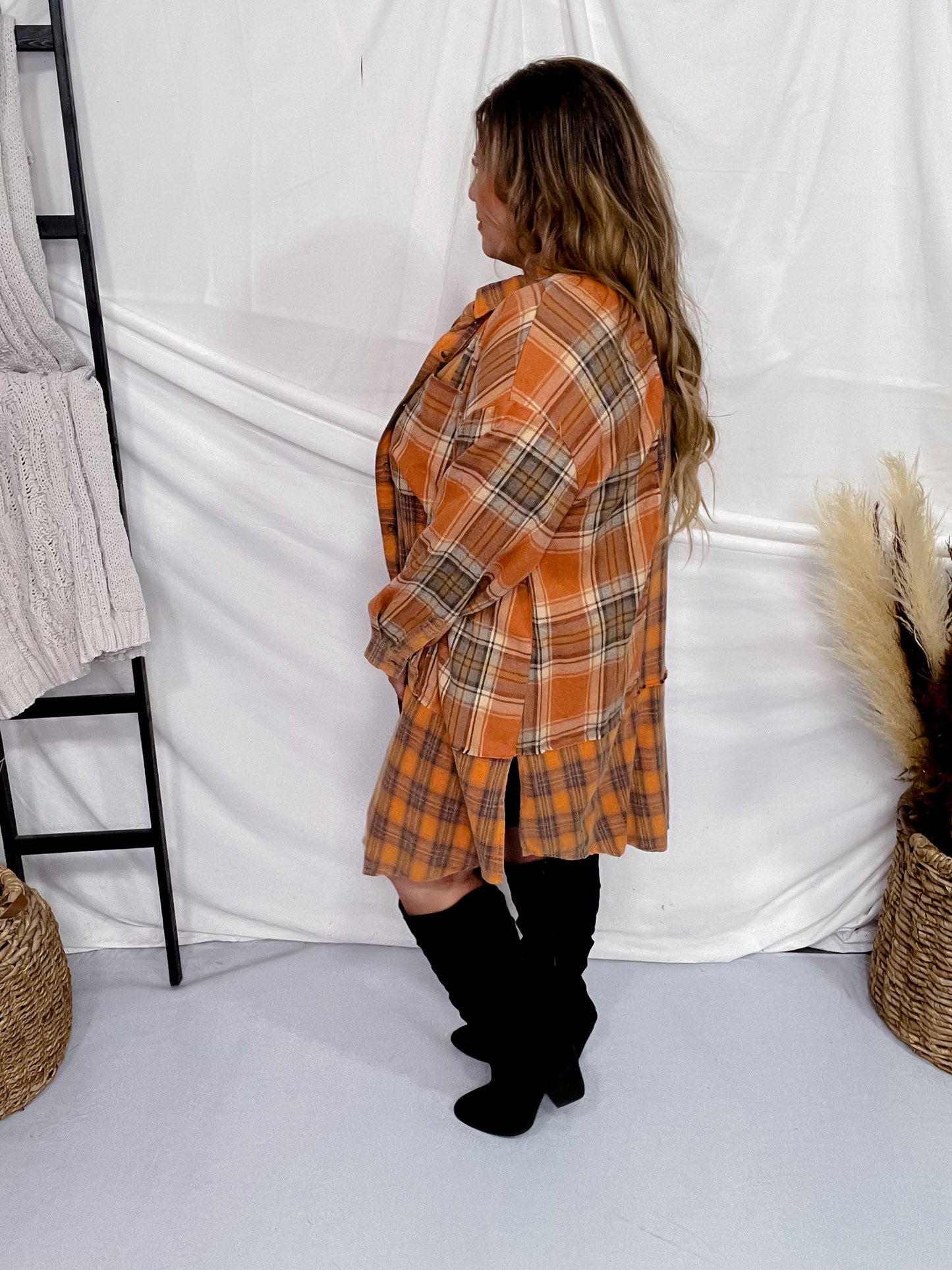 Rust Long Sleeve Plaid Button Front Dress - Whiskey Skies - WHITE BIRCH