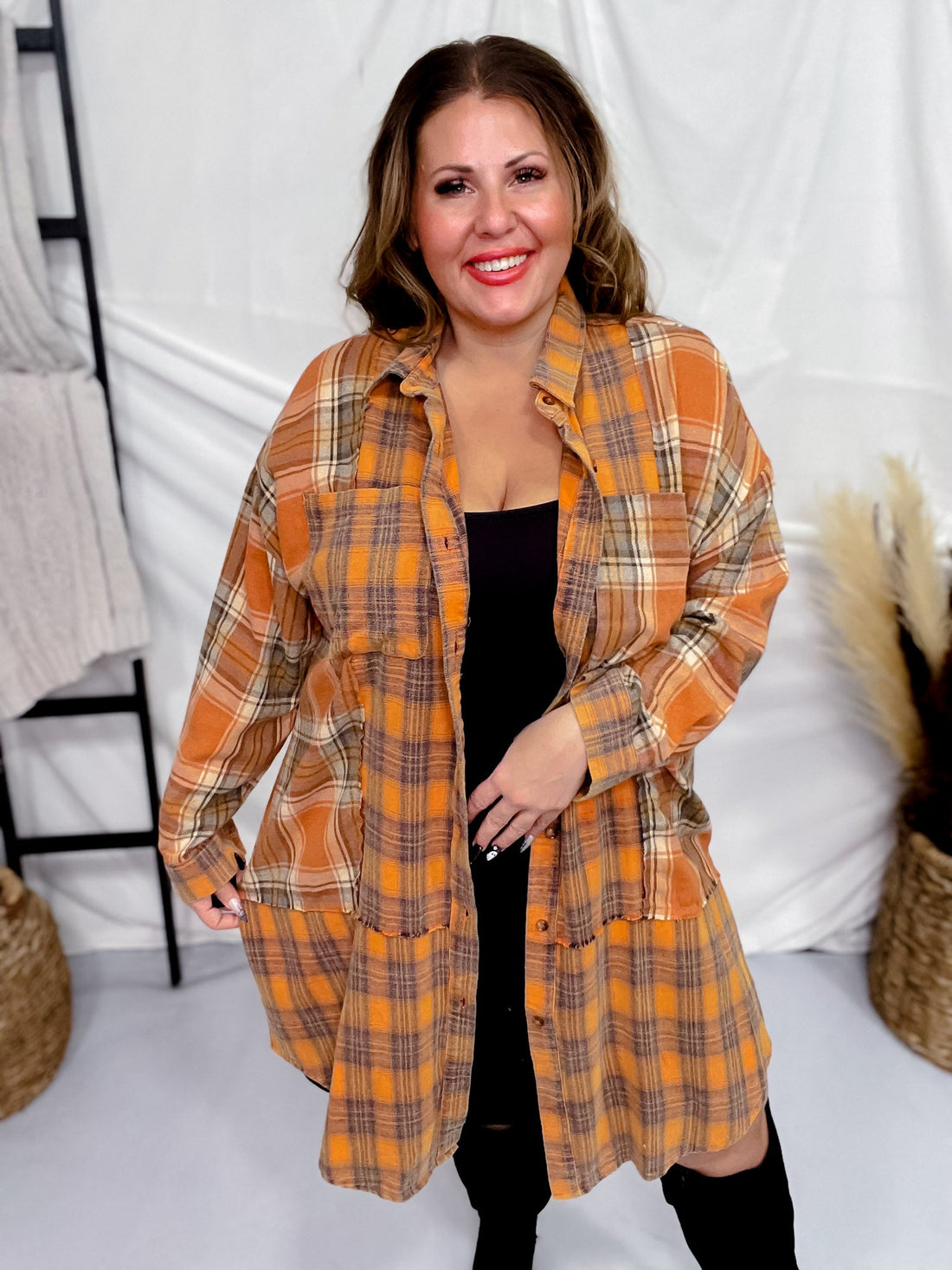 Rust Long Sleeve Plaid Button Front Dress - Whiskey Skies - WHITE BIRCH