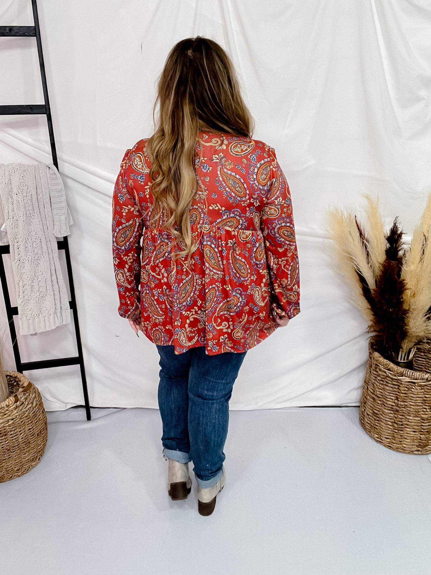 Rust Paisley Print Long Sleeve Babydoll Top - Whiskey Skies - HEIMISH