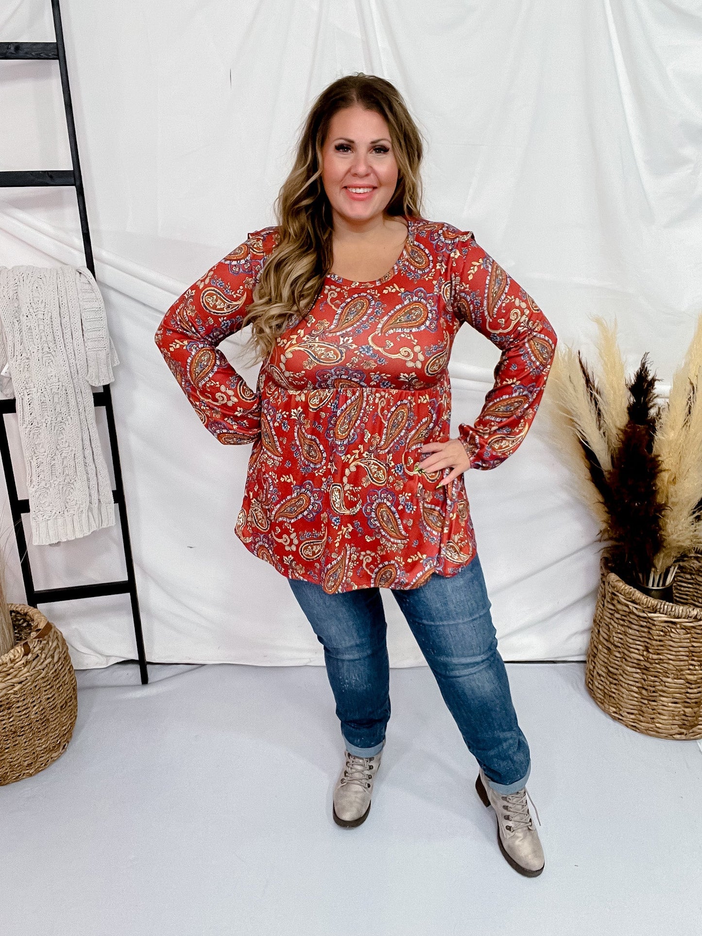 Rust Paisley Print Long Sleeve Babydoll Top - Whiskey Skies - HEIMISH