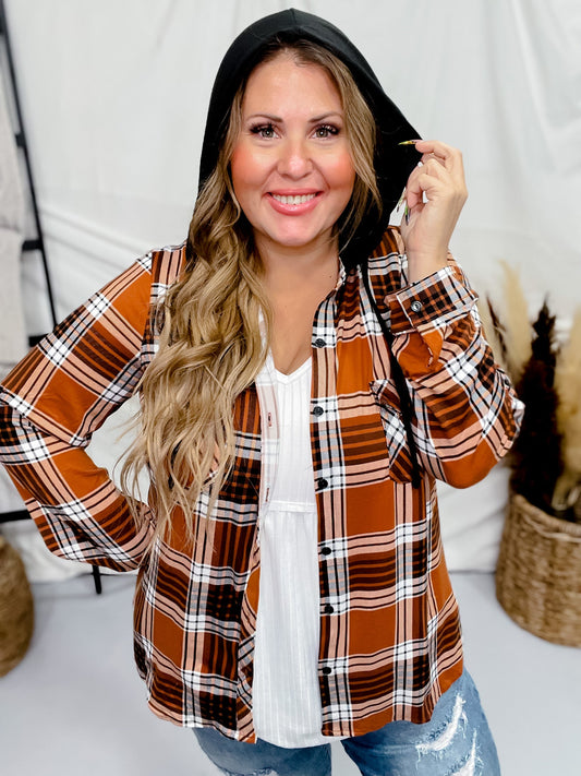 Rust Plaid Button Down with Black Hood - Whiskey Skies - DNA COUTURE