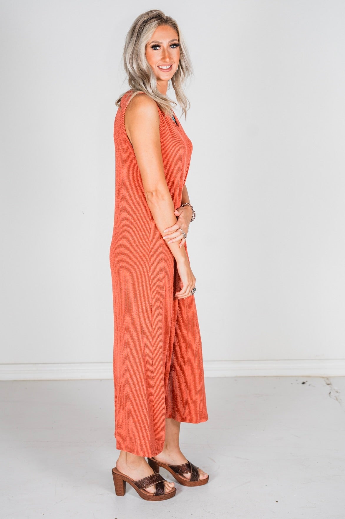 Rust Sleeveless Essential V - Neck Ribbed Maxi Dress - Whiskey Skies - BLUMIN