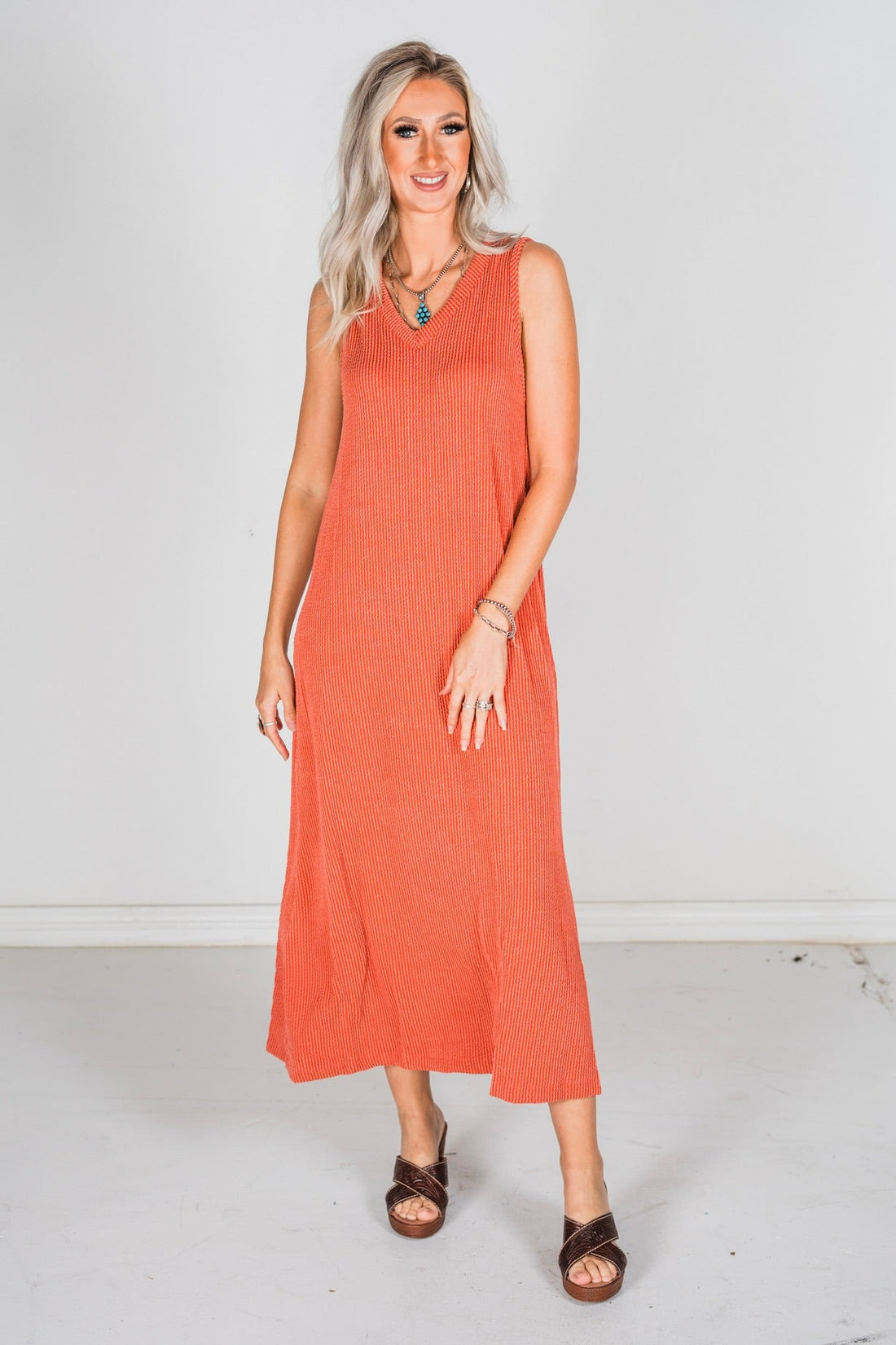 Rust Sleeveless Essential V - Neck Ribbed Maxi Dress - Whiskey Skies - BLUMIN