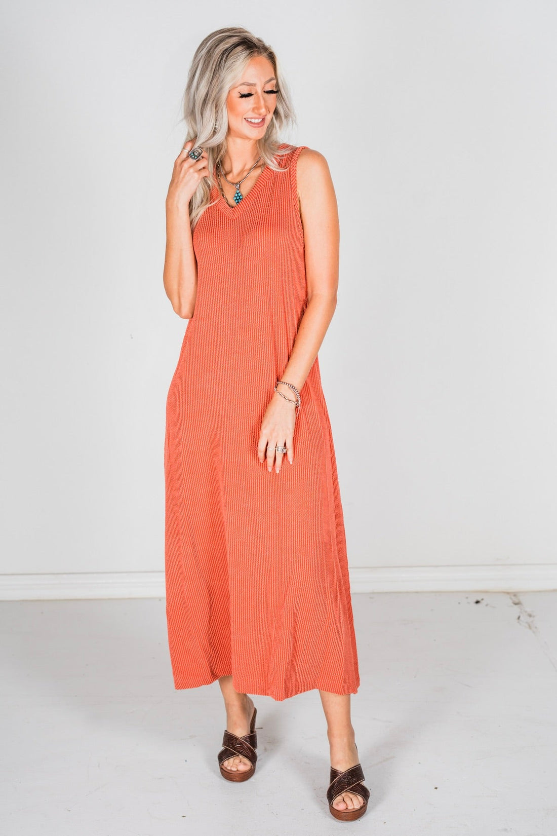 Rust Sleeveless Essential V - Neck Ribbed Maxi Dress - Whiskey Skies - BLUMIN