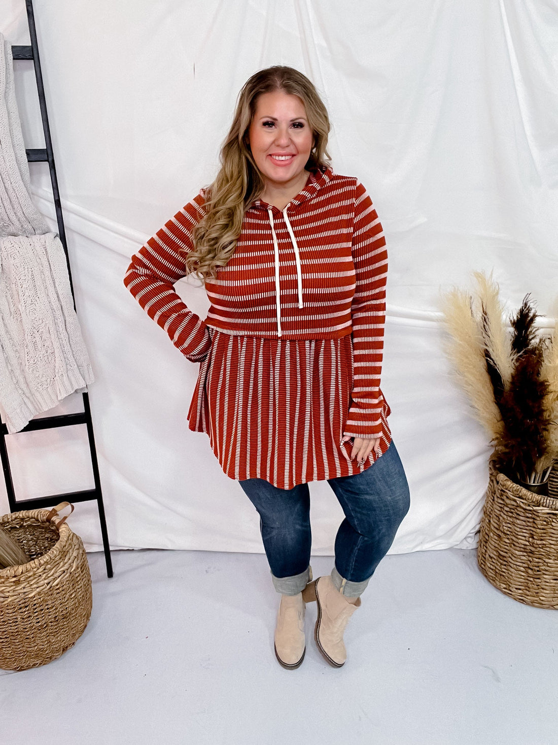 Rust Striped Ribbed Hooded Long Sleeve Top - Whiskey Skies - BE STAGE