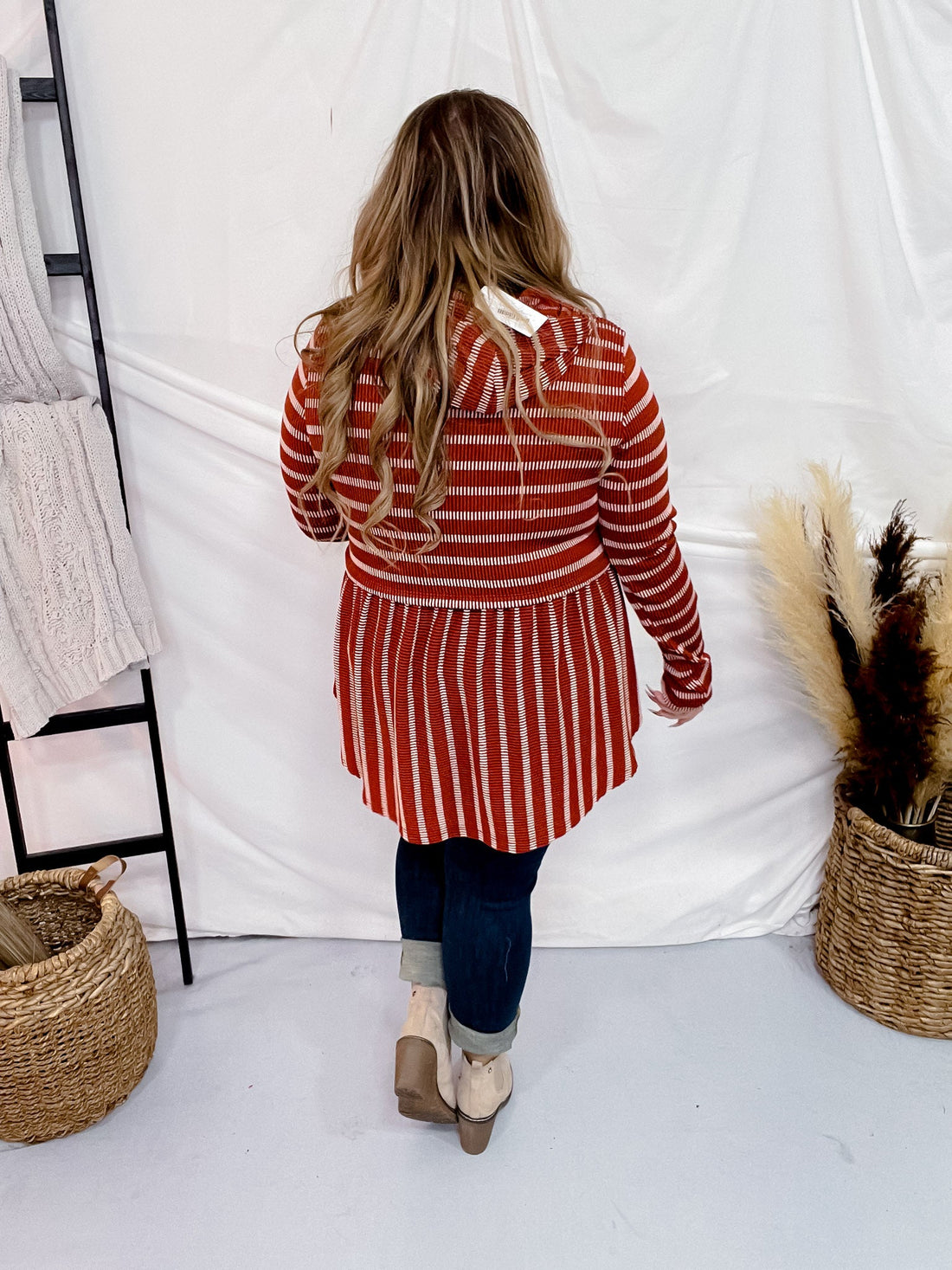 Rust Striped Ribbed Hooded Long Sleeve Top - Whiskey Skies - BE STAGE