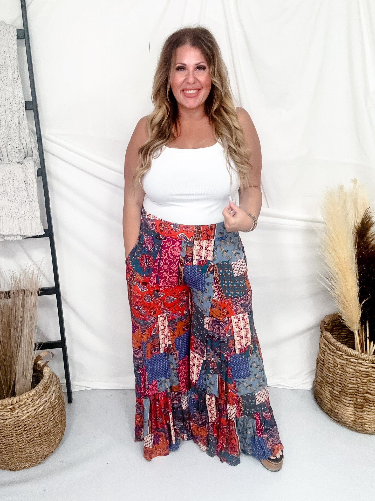 Rust & Teal Patchwork Palazzo Pants - Whiskey Skies - EASEL