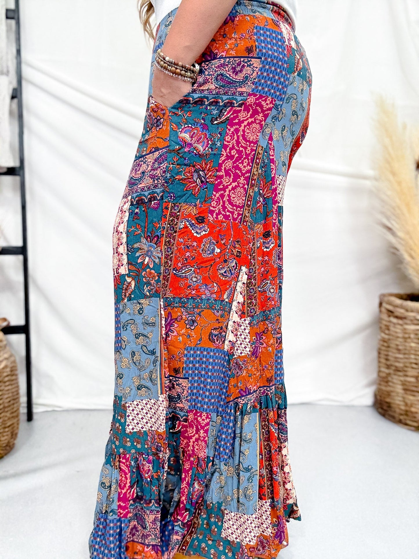 Rust & Teal Patchwork Palazzo Pants - Whiskey Skies - EASEL